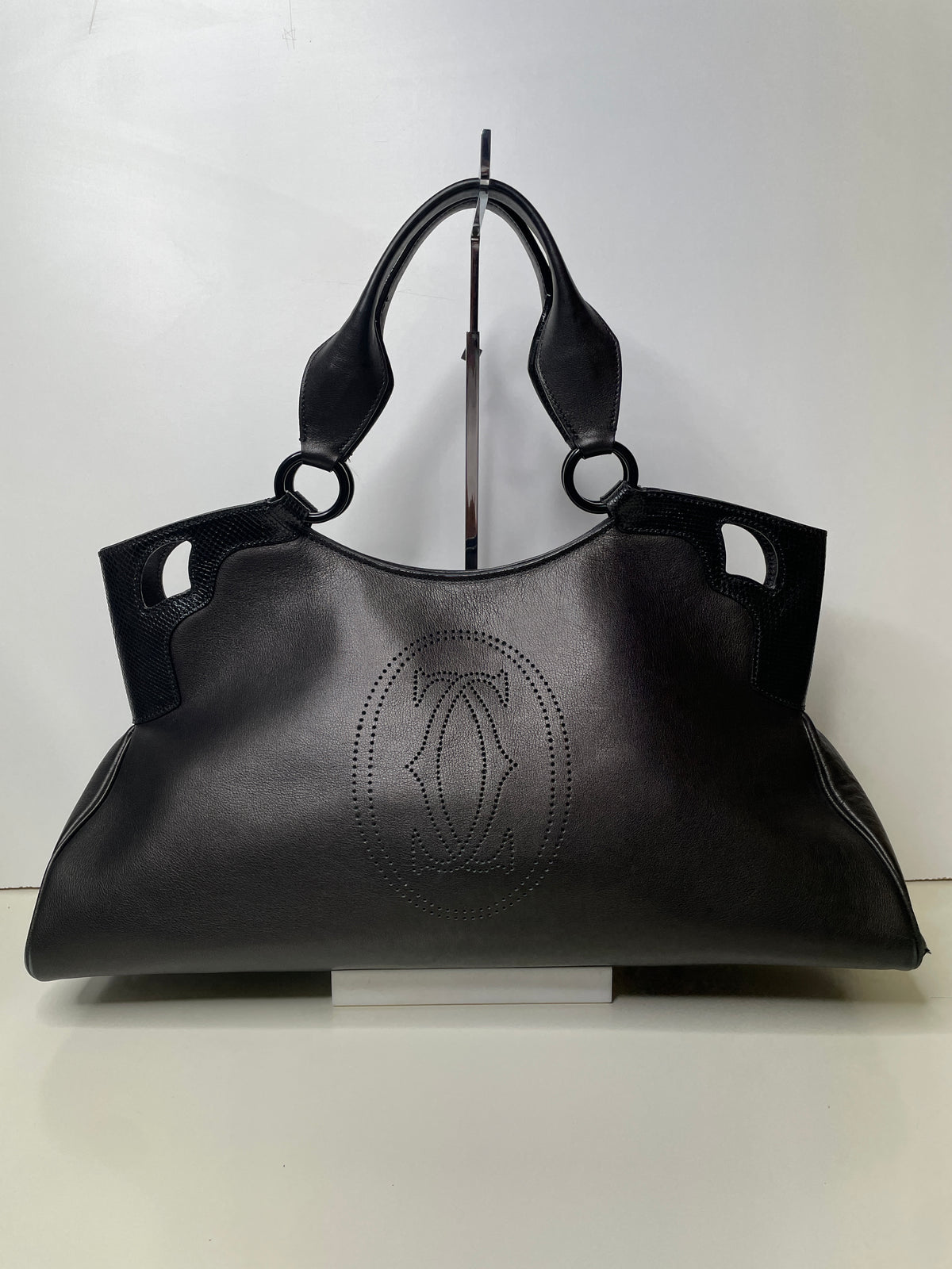 Cartier – Borsa a Spalla Marcello in Pelle Nera con Inserti in Lucertola