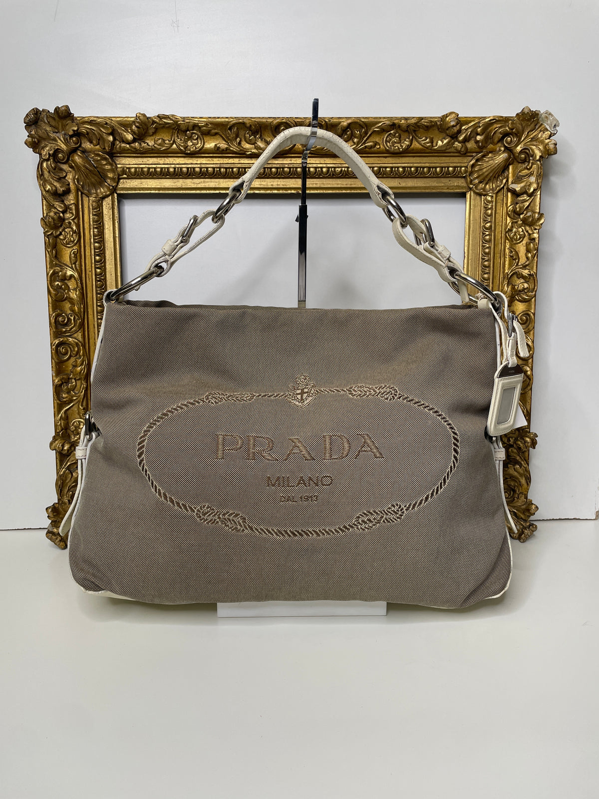 Prada - Hobo/Tote 2024 Logo Jacquard Canapa con Inserzioni in Pelle Bianca