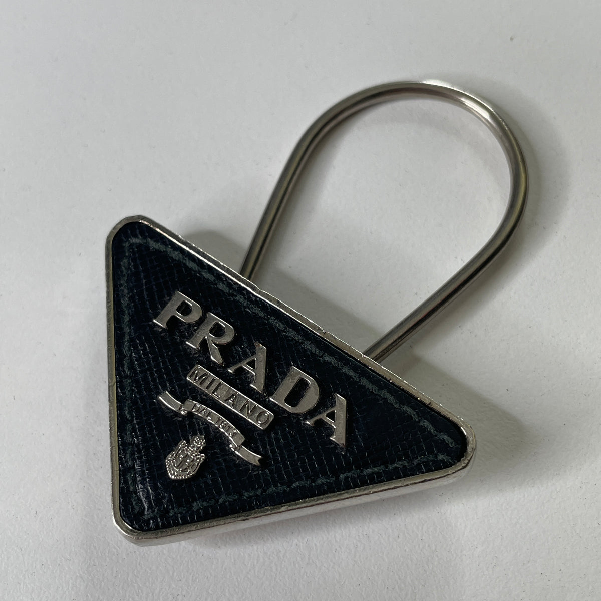 Prada - Portachiavi Metallo Logo Triangolo Pelle Nera (+ scatola)