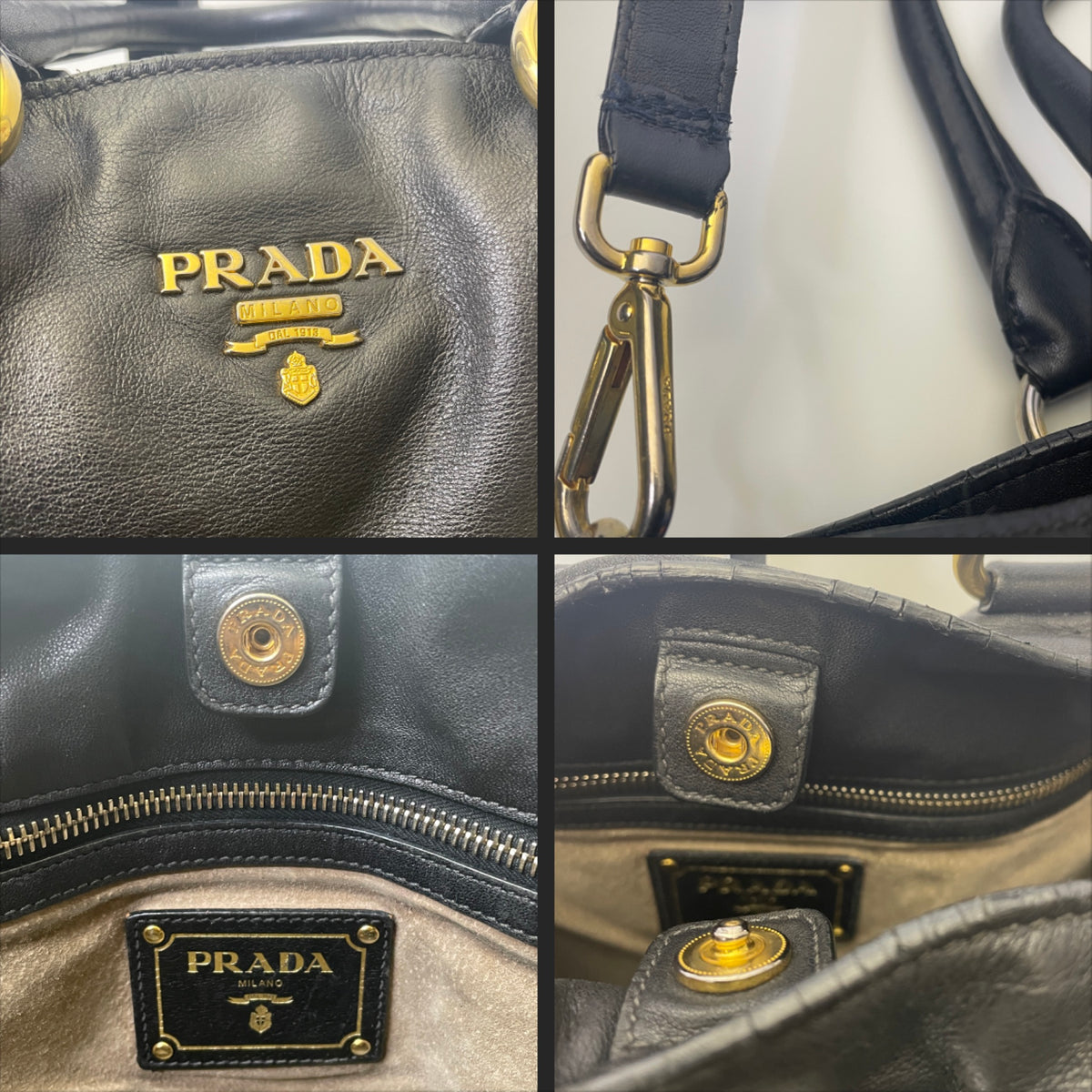 Prada - Shopper Grande in Pelle Nera Liscia con Tracolla e Interno Daino Beige