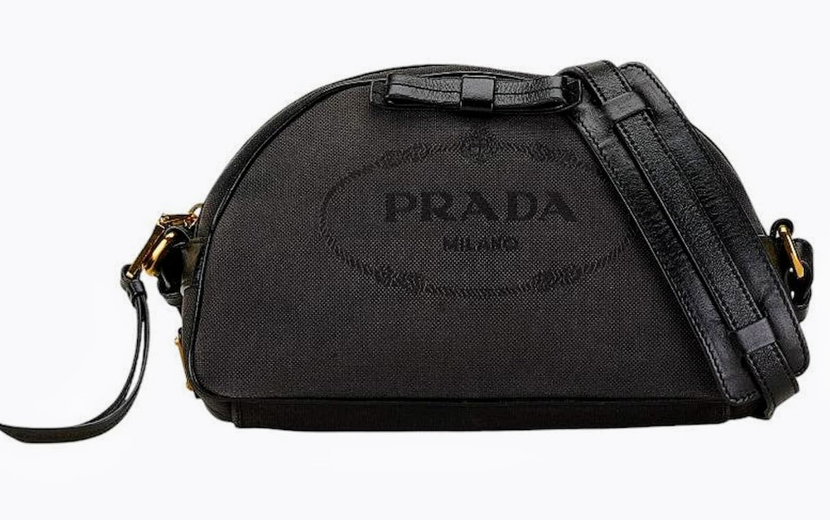 Prada - Pochette Clutch a Tracolla in Tessuto Jacquard Grigio con Inserti in Pelle Nera