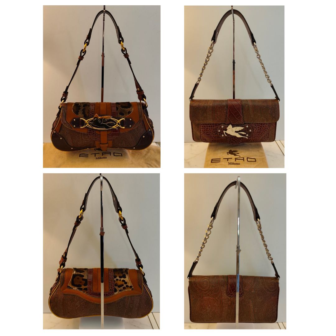 Etro - Baguette a Spalla Paisley con Inserti Croco e Pegaso Argento