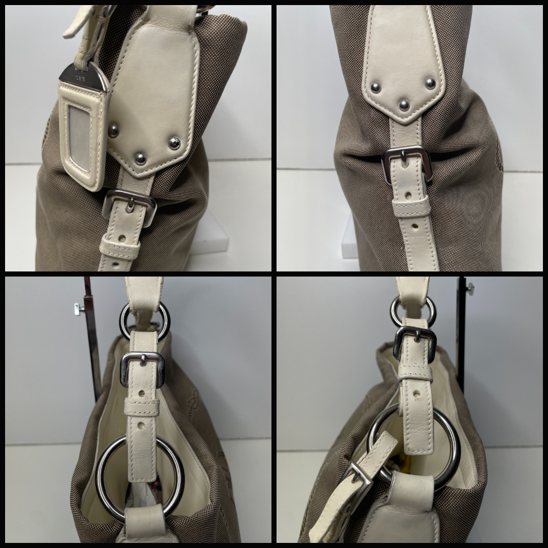 Prada - Hobo/Tote 2024 Logo Jacquard Canapa con Inserzioni in Pelle Bianca