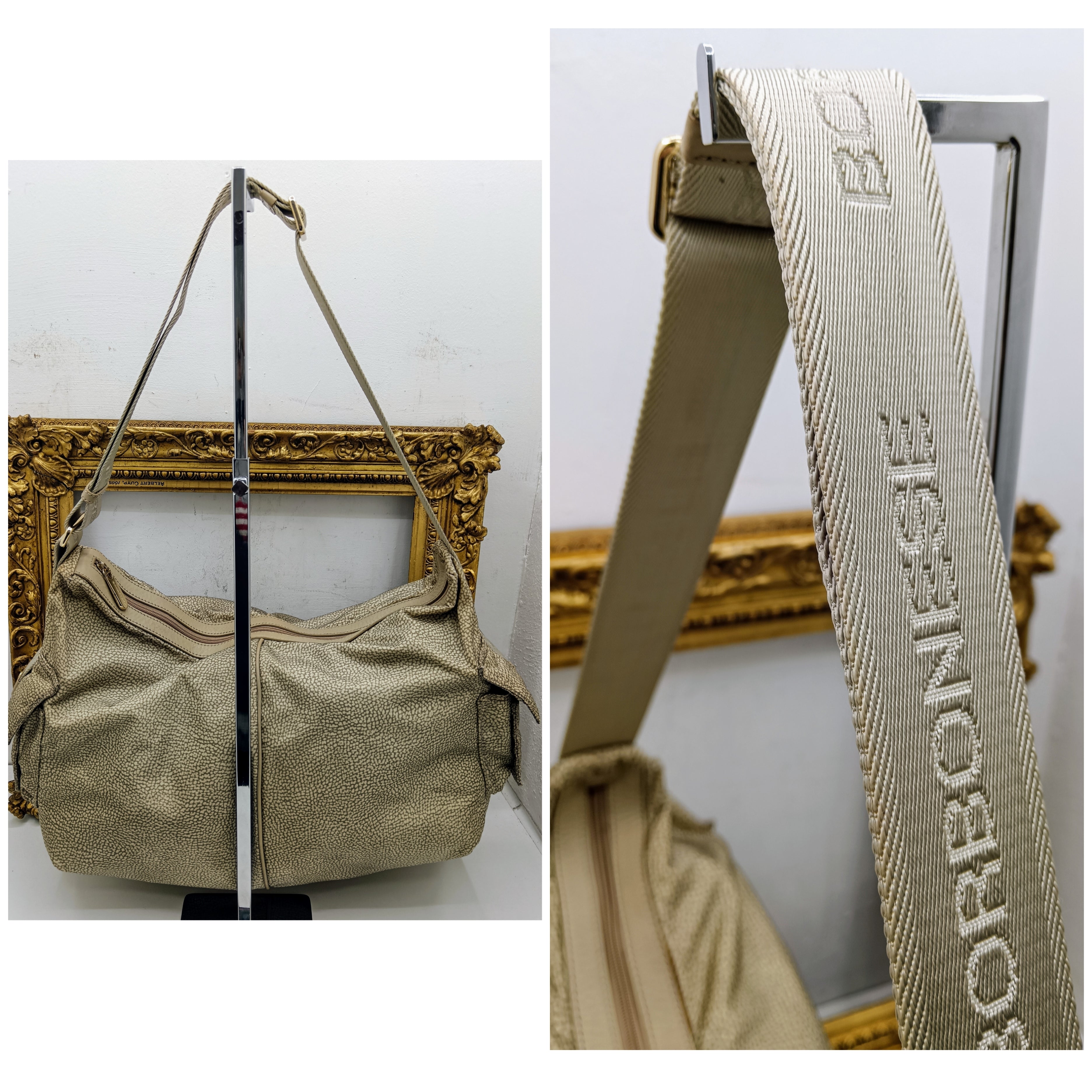 Borbonese – Maxi borsa mezzaluna hobo in tessuto beige tapiro e pelle