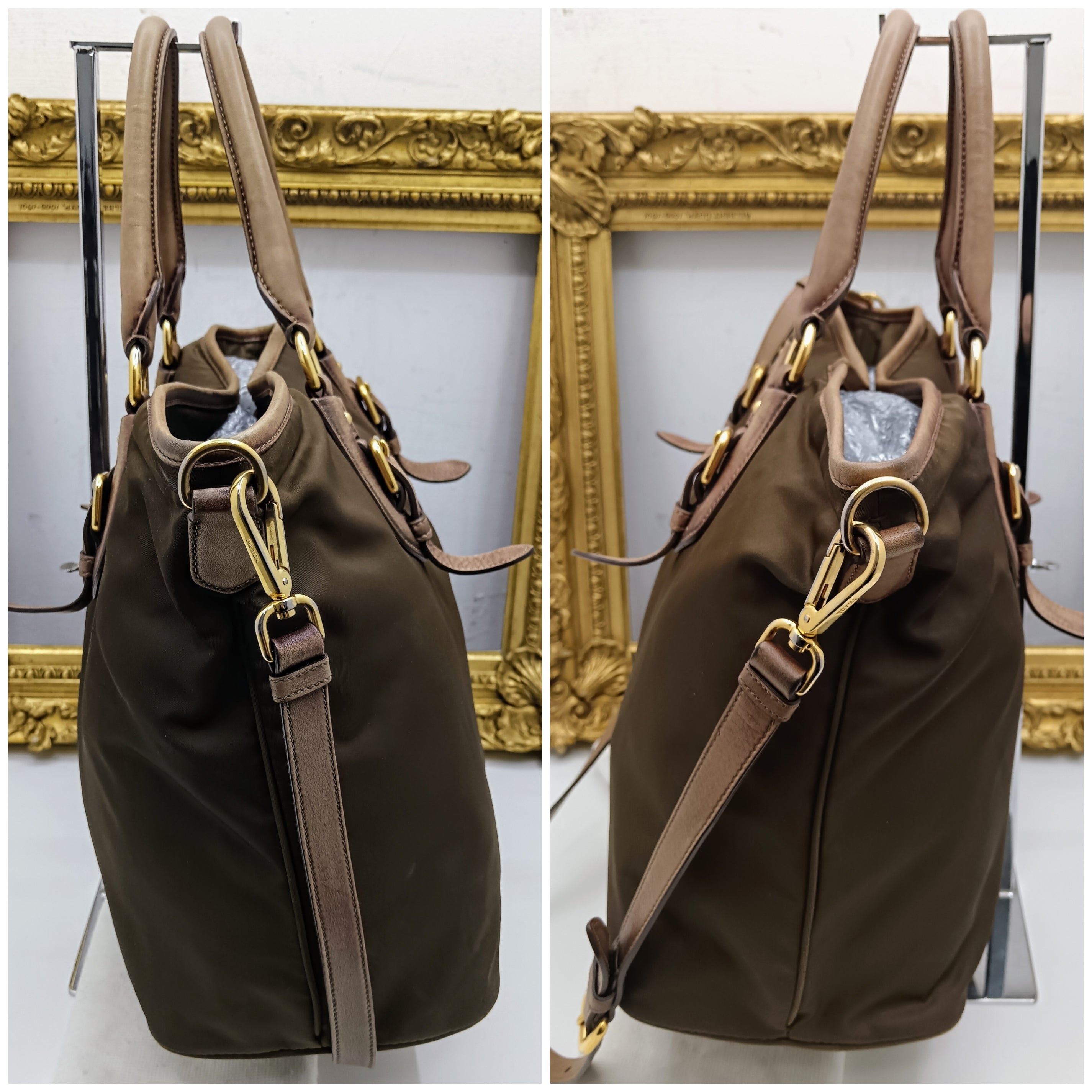 Prada – Borsa Shopper Media Nylon Marrone e Pelle Nocciola