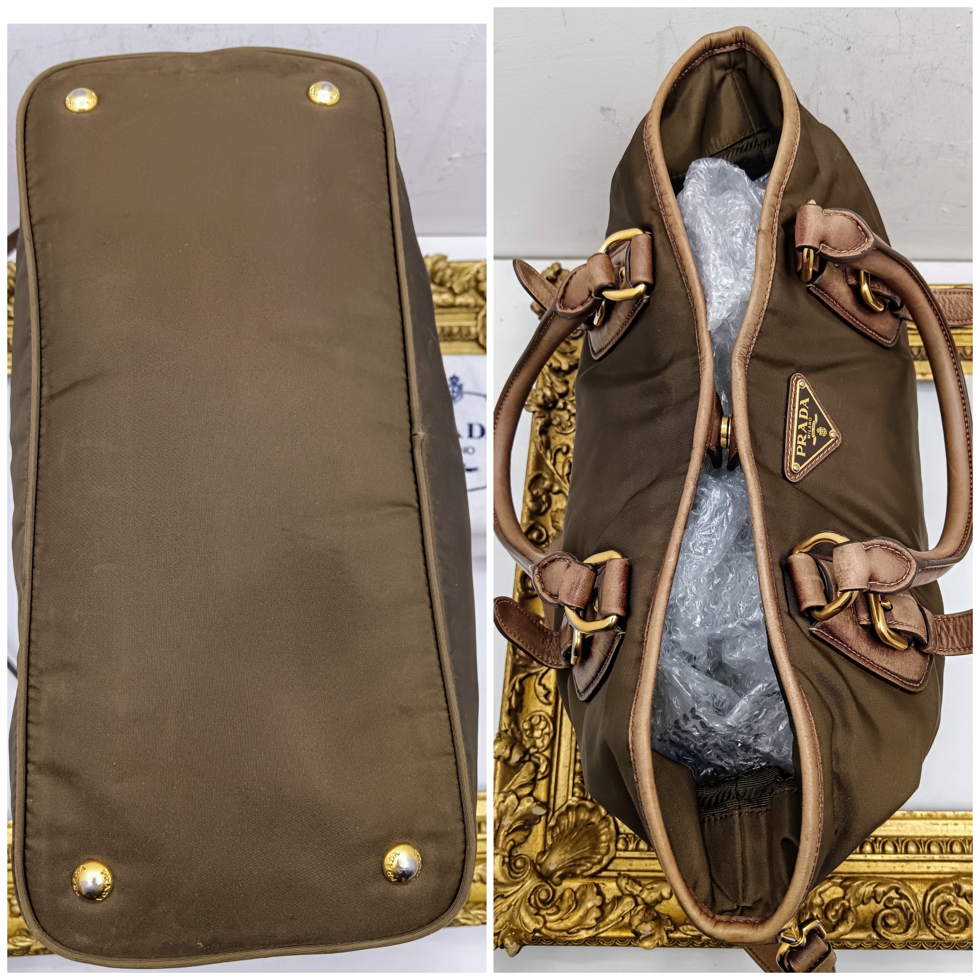 Prada – Borsa Shopper Media Nylon Marrone e Pelle Nocciola
