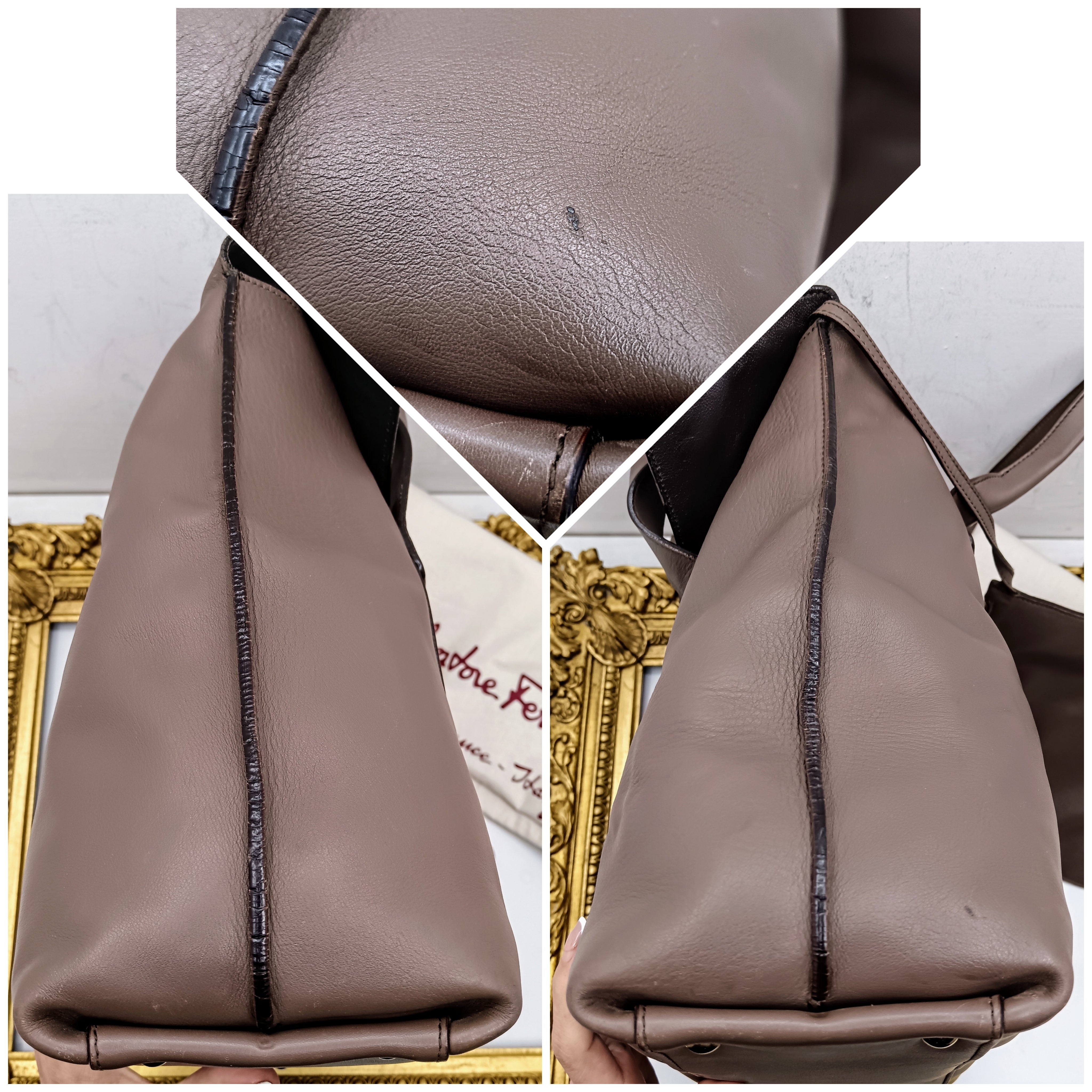 Ferragamo Salvatore– Borsa Shopper Big Logo in Pelle Liscia Tortora con Pochette