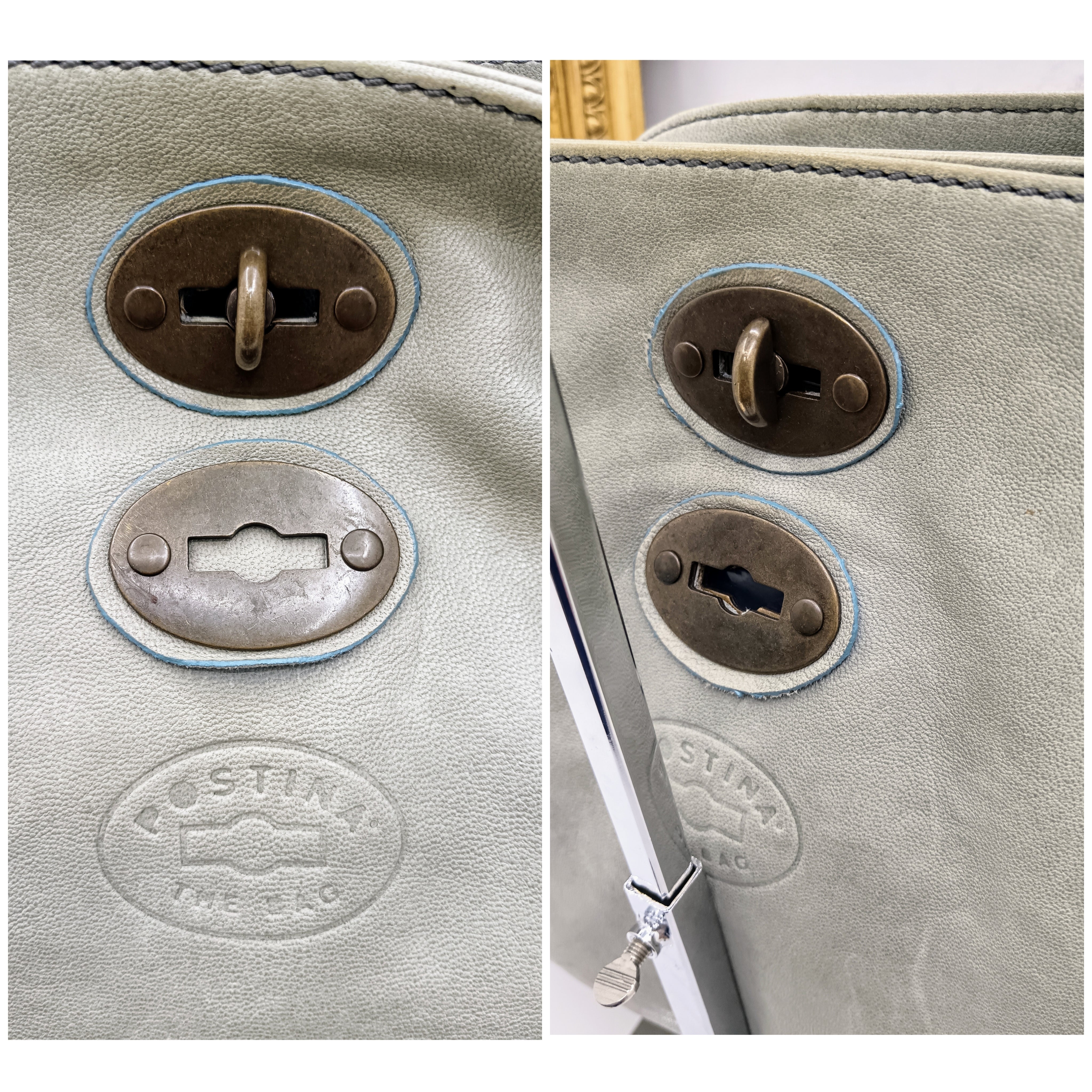 Zanellato – Postina Bag grande con 2 pochette in pelle nabuk azzurro vintage invecchiato