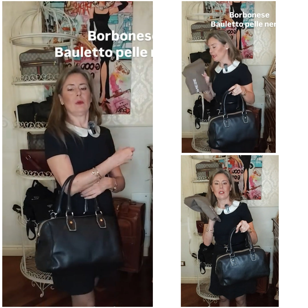 Borbonese - Borsa Bauletto Speedy in Pelle Nera con profili Tapiro