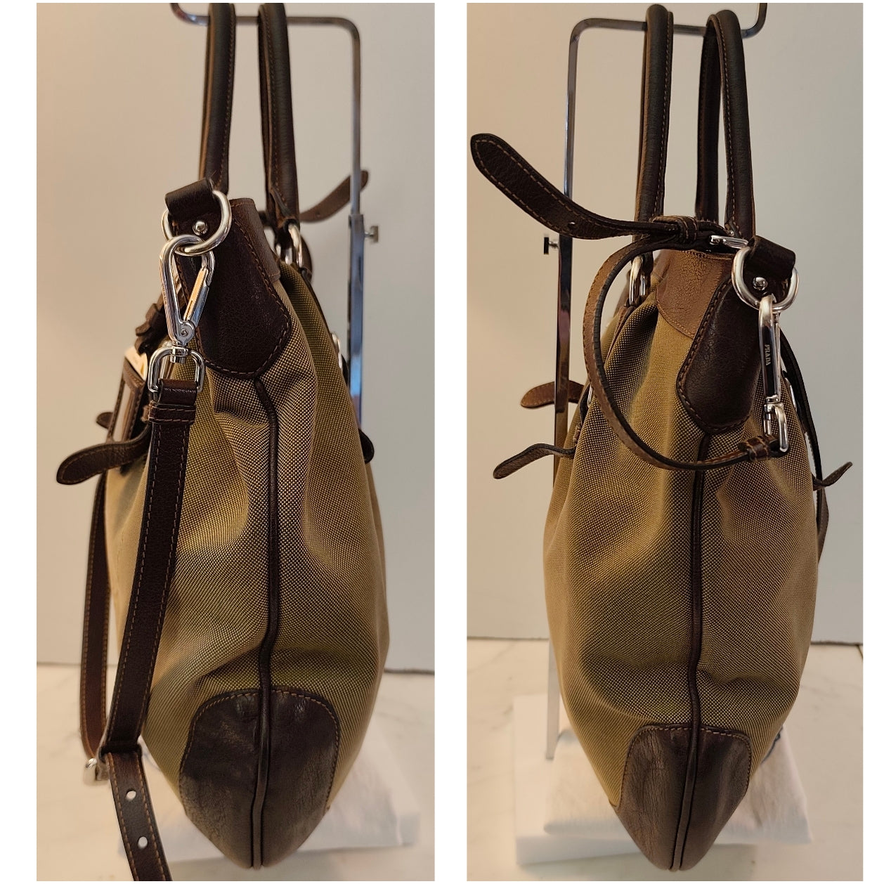 PRADA Shopper Hobo Logo Jacquard Canapa e Pelle Marrone Vintage