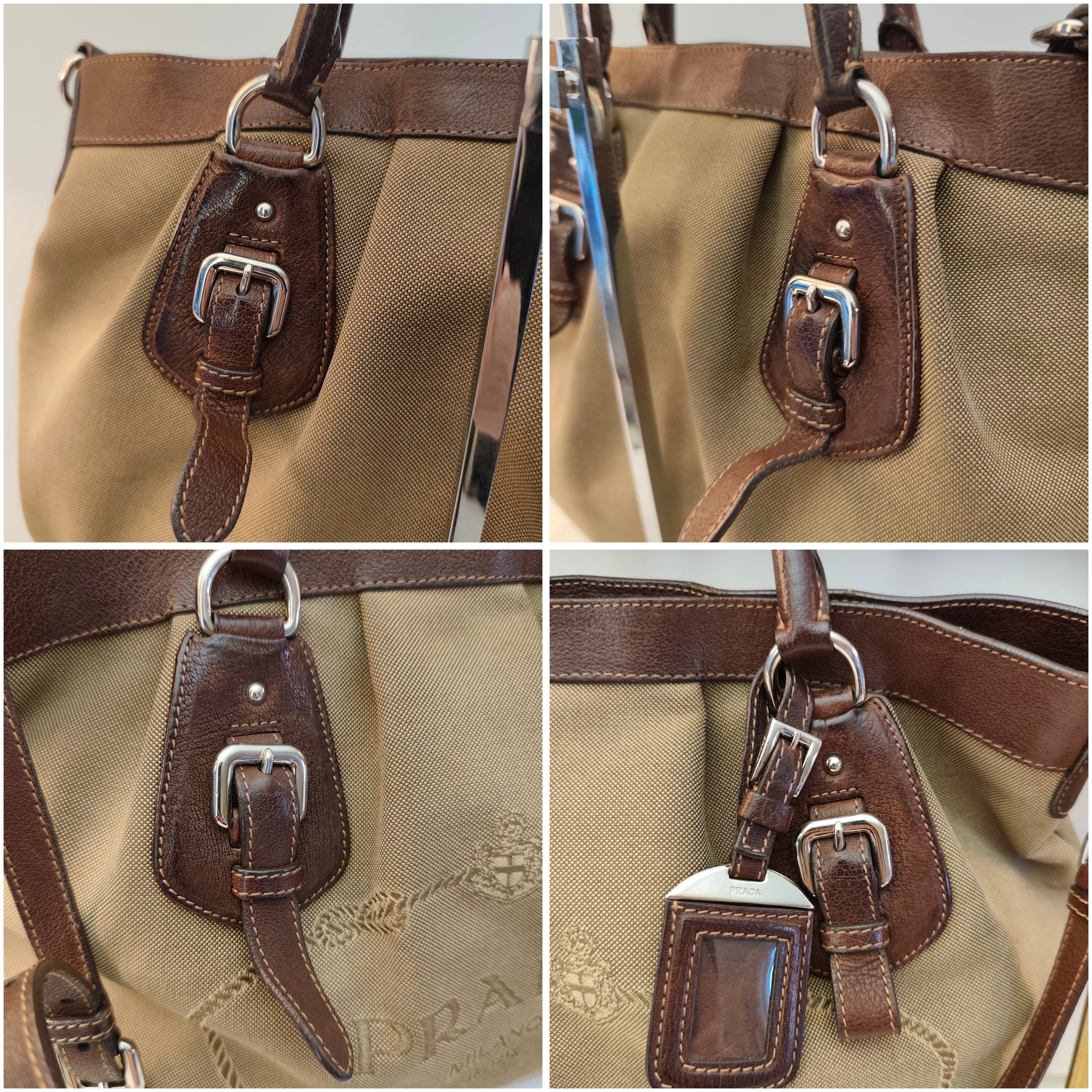 PRADA Shopper Hobo Logo Jacquard Canapa e Pelle Marrone Vintage