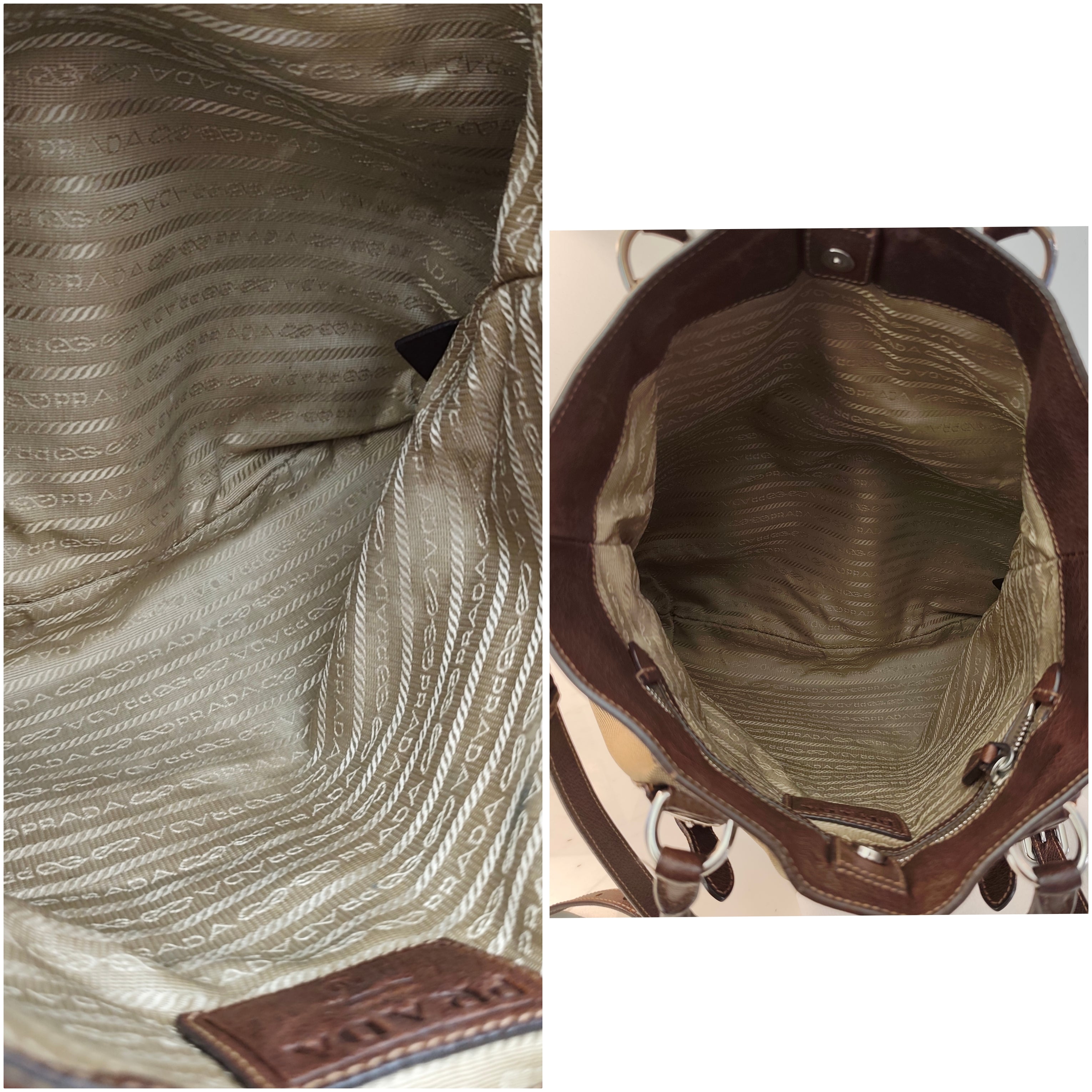 PRADA Shopper Hobo Logo Jacquard Canapa e Pelle Marrone Vintage