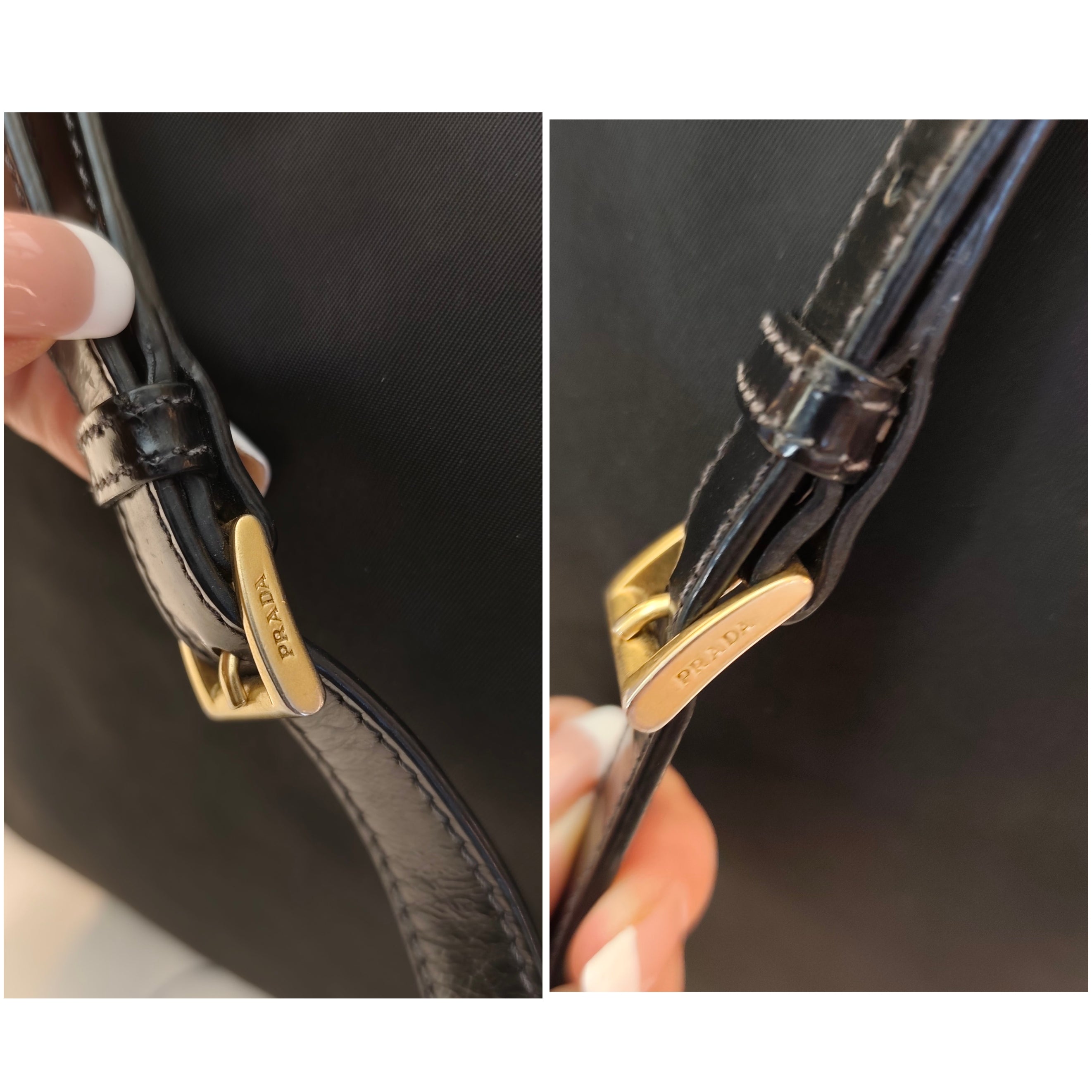 Prada - Borsa tote con tracolla in nylon e pelle nera lucida.
