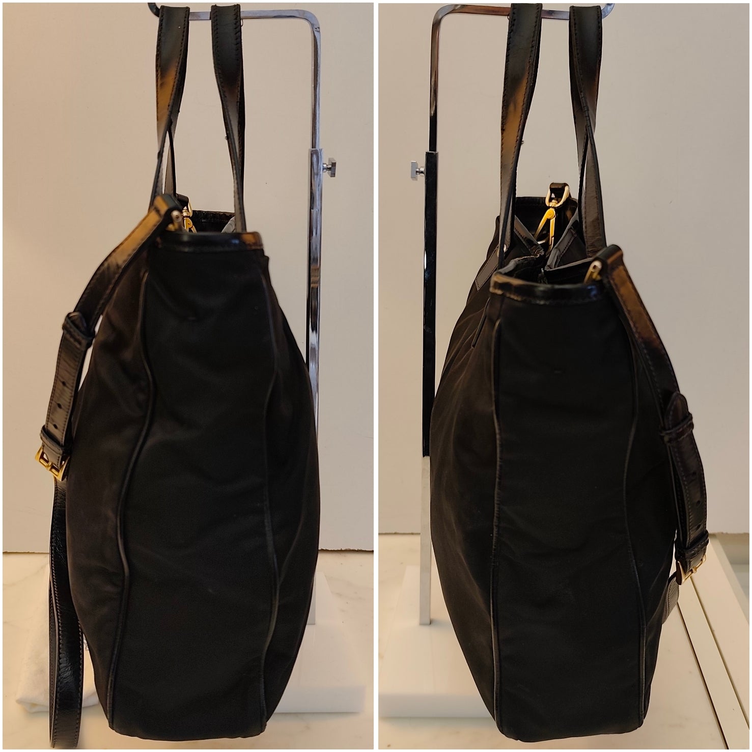 Prada - Borsa tote con tracolla in nylon e pelle nera lucida.