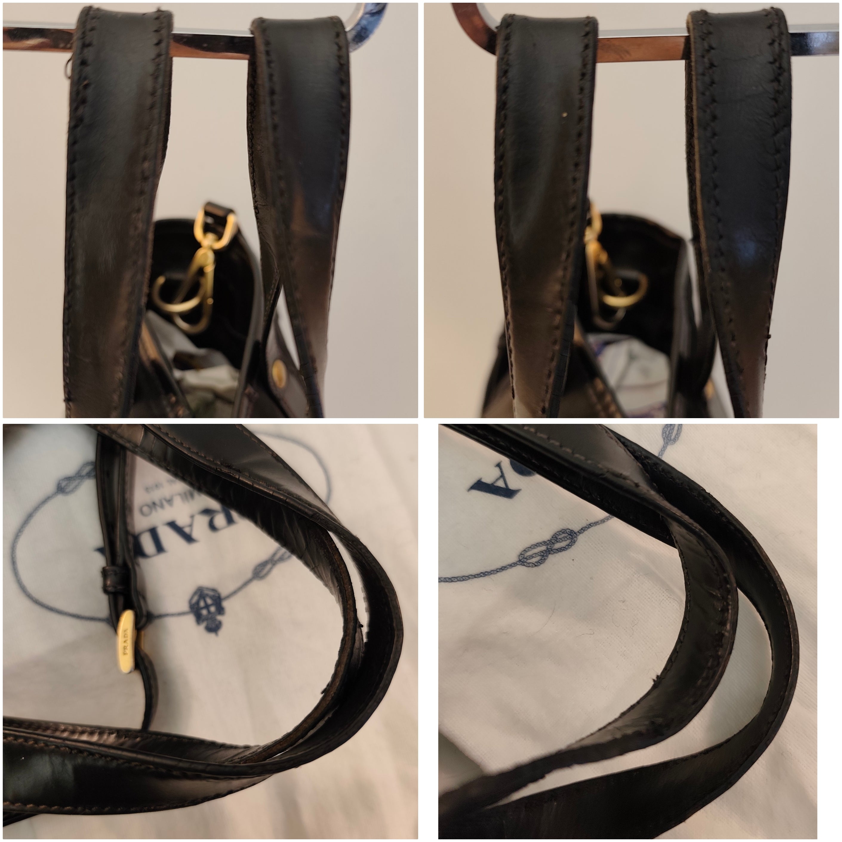 Prada - Borsa tote con tracolla in nylon e pelle nera lucida.