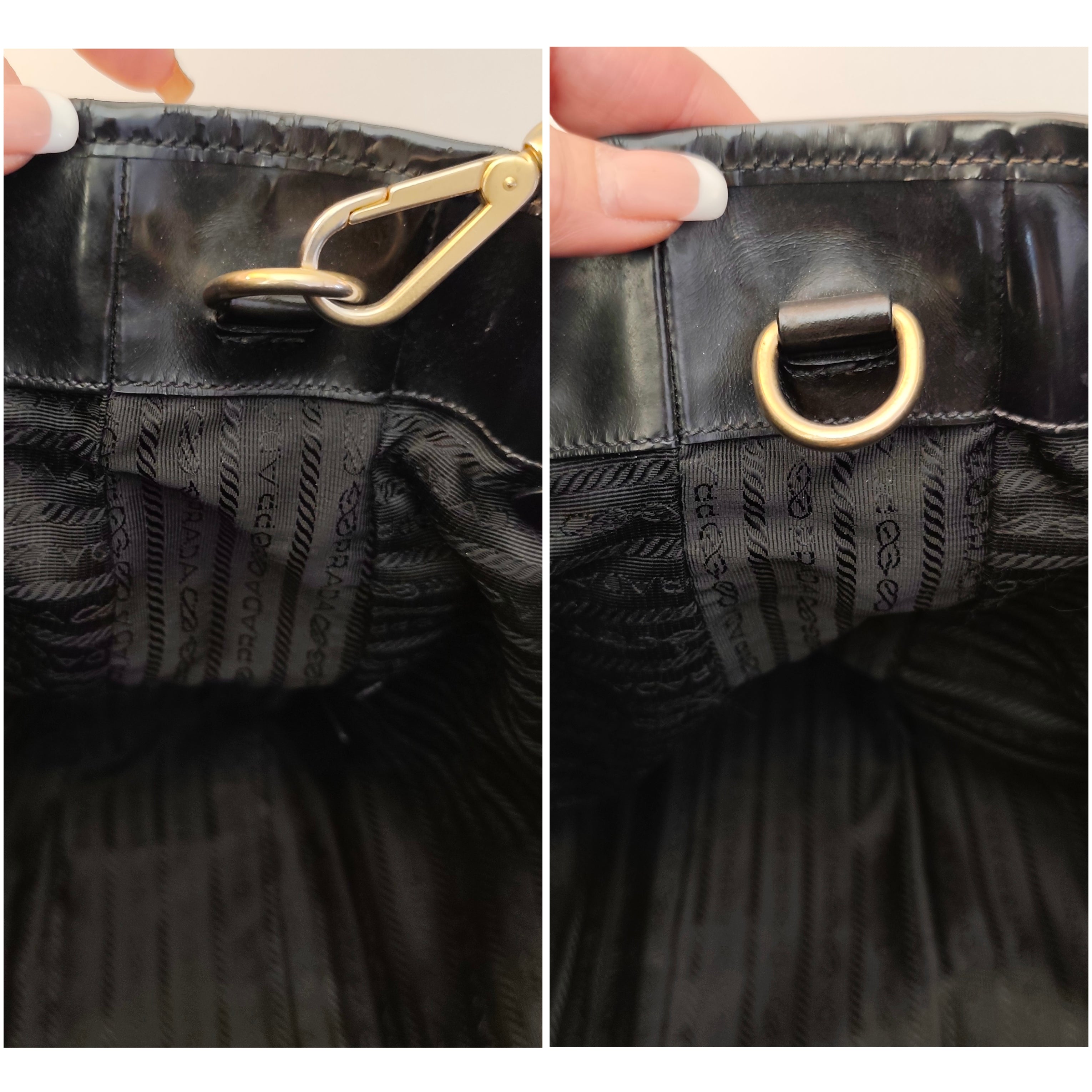 Prada - Borsa tote con tracolla in nylon e pelle nera lucida.