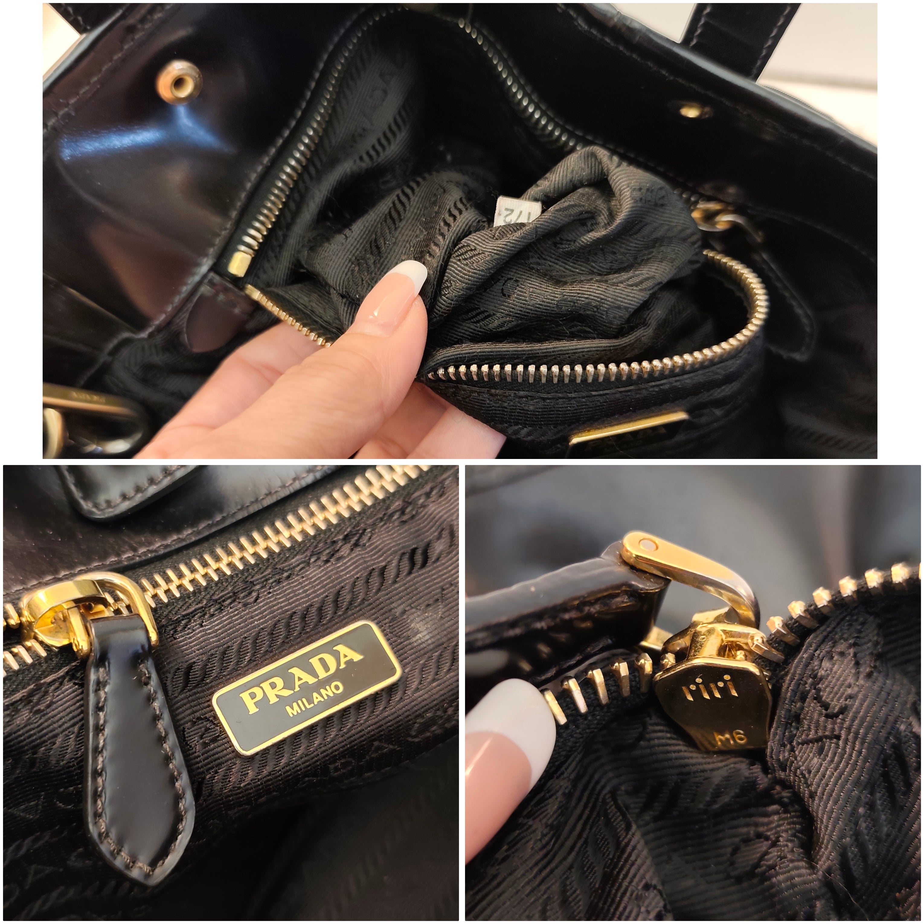 Prada - Borsa tote con tracolla in nylon e pelle nera lucida.