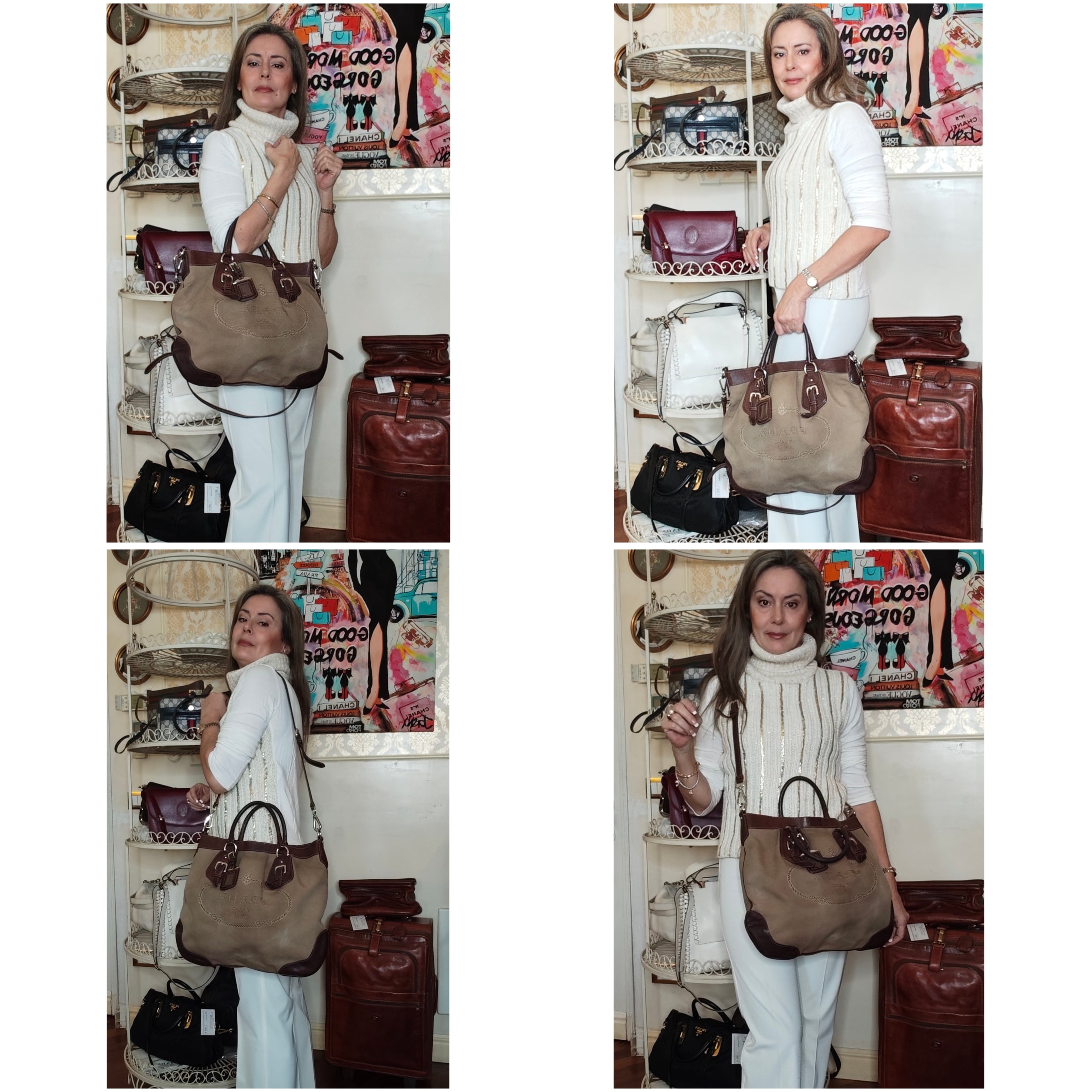 PRADA Shopper Hobo Logo Jacquard Canapa e Pelle Marrone Vintage