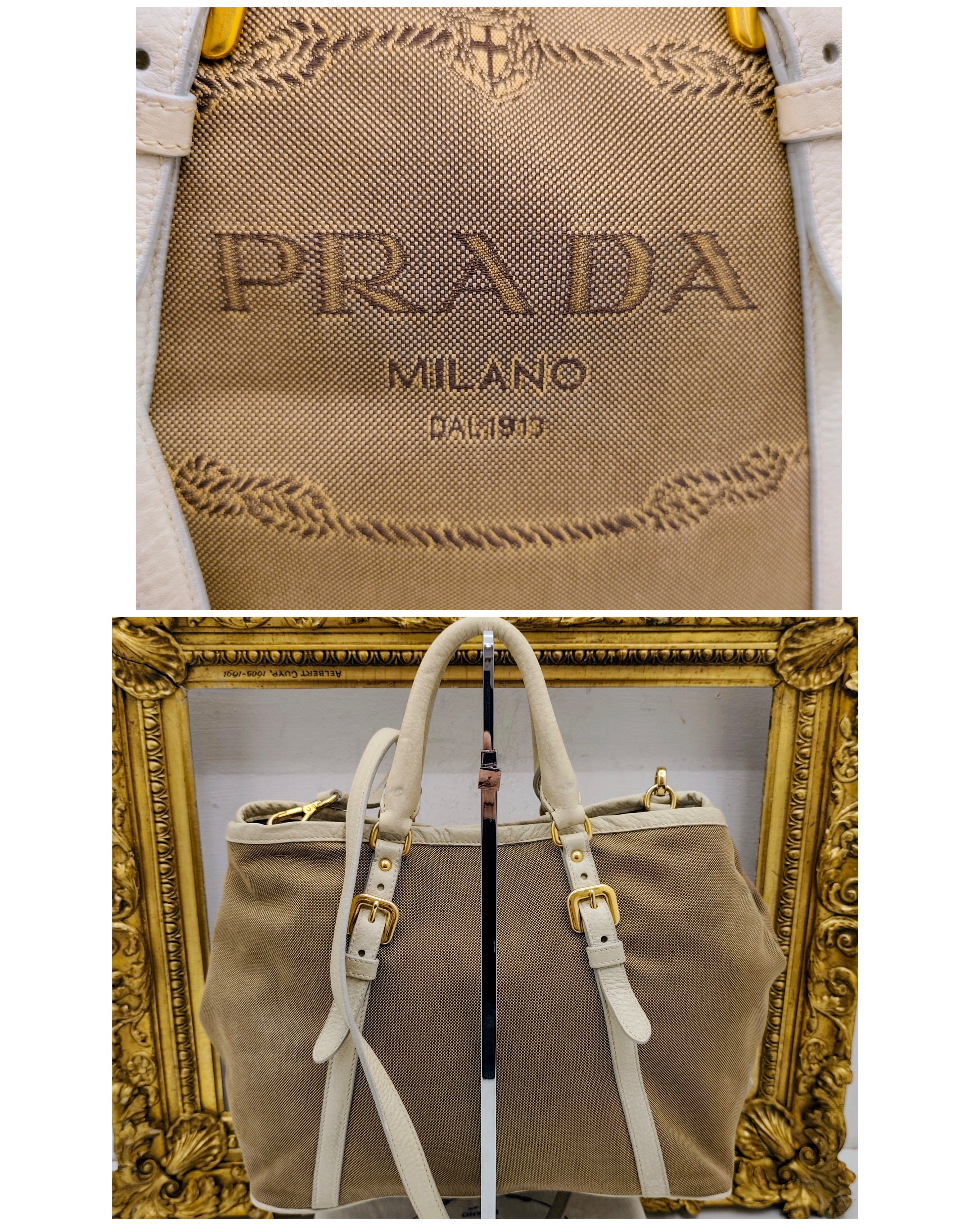 Prada - Tote Bag Shopper Media Canapa Jacquard Beige e Avorio