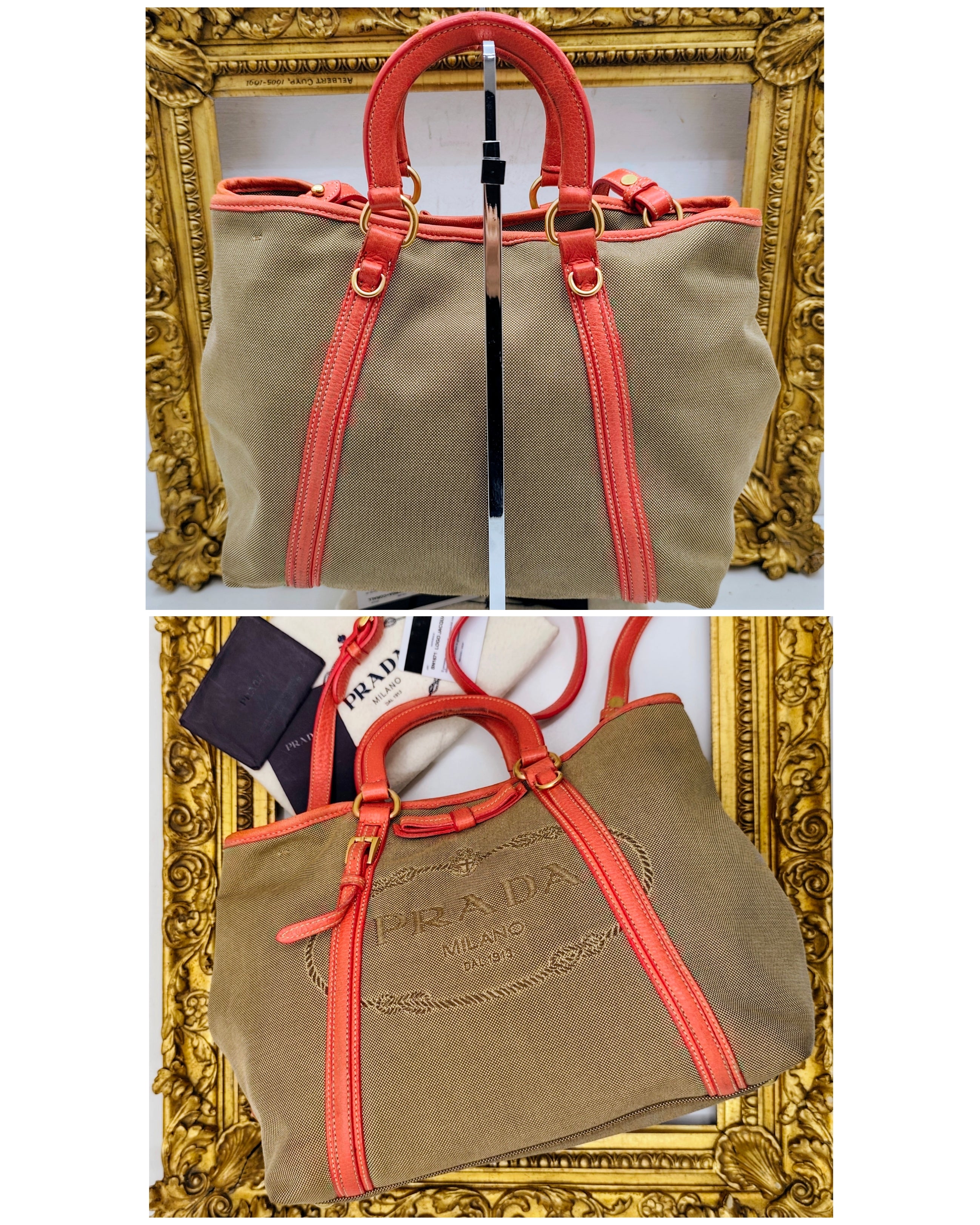 Prada – Shopper Tote Bag Media Logo Jacquard Beige e Corallo