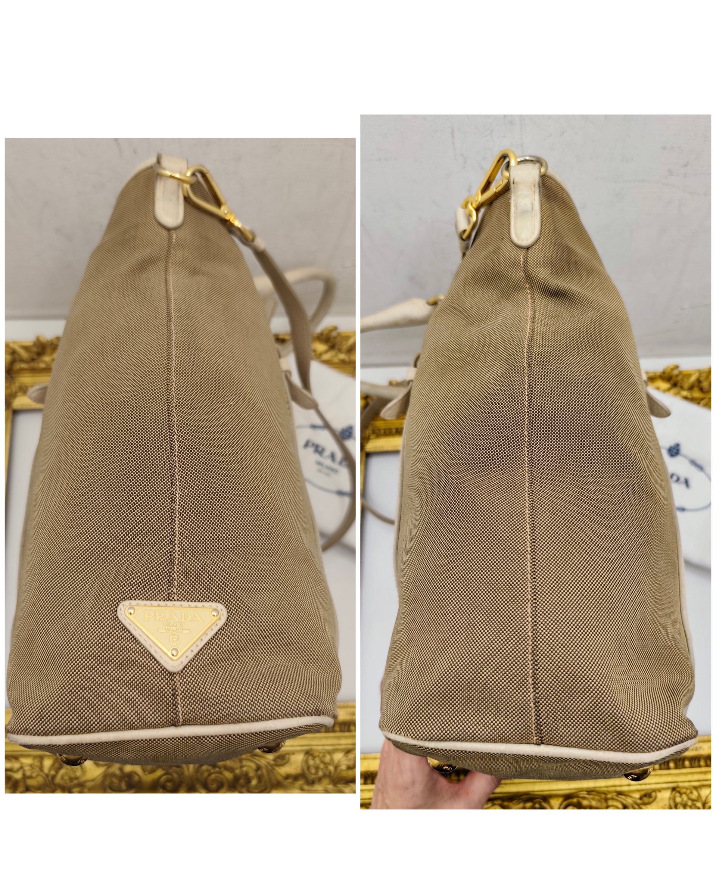 Prada – Shopper Tote Bag Logo Jacquard Tessuto Beige e Pelle Bianco