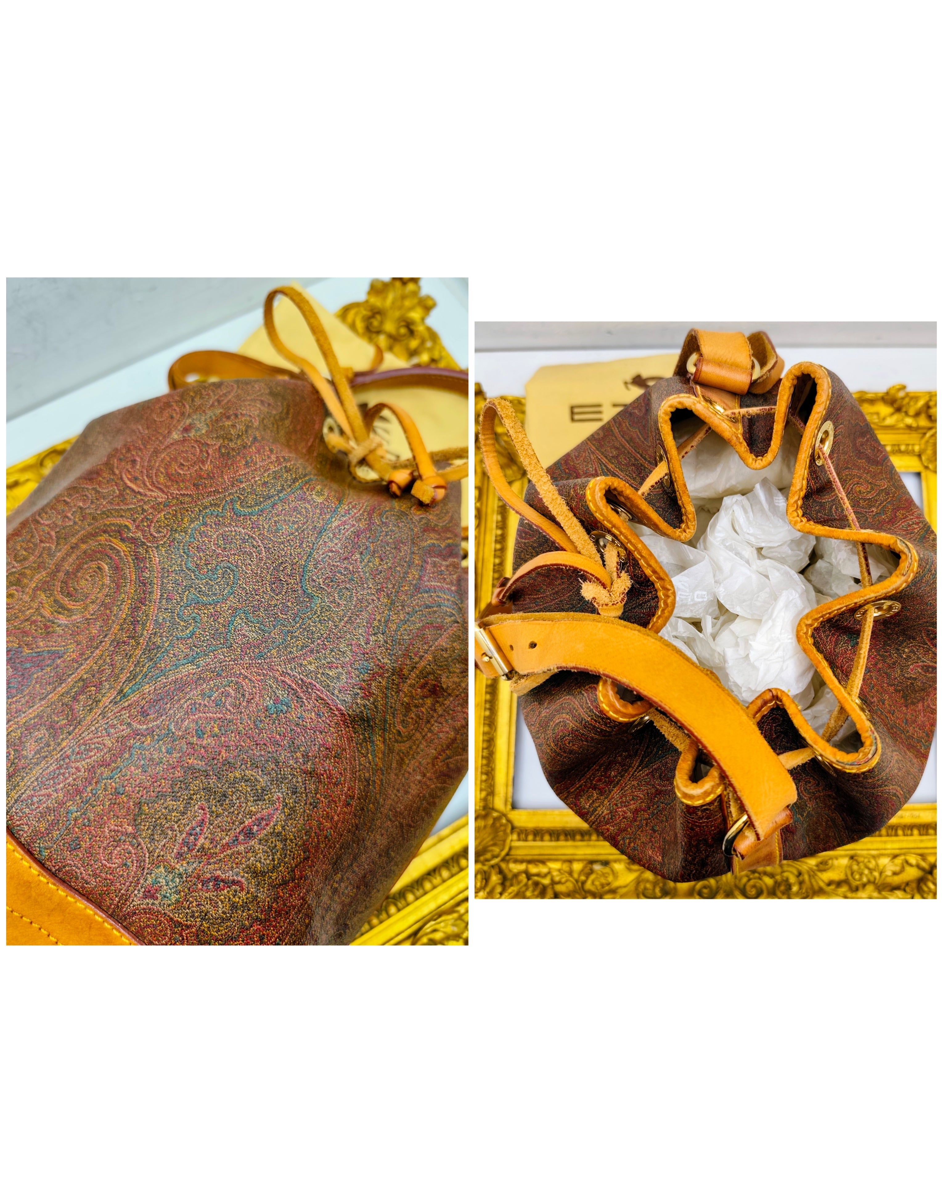 Etro – Secchiello Paisley Jacquard e pelle di vacchetta Beige Vintage