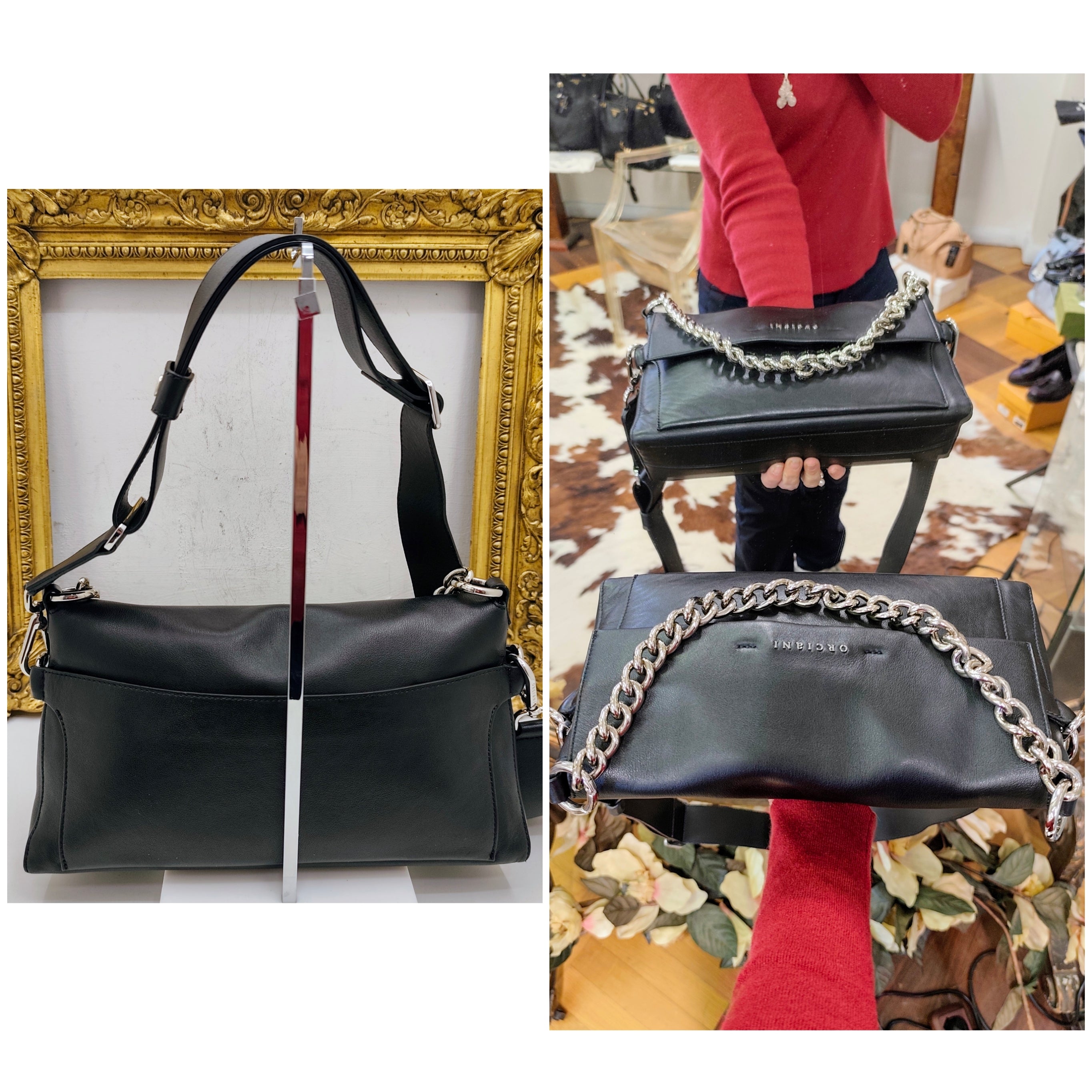Orciani – Missy Longuette Soft Borsa a Spalla Pelle Nera con Catena e Tracolla