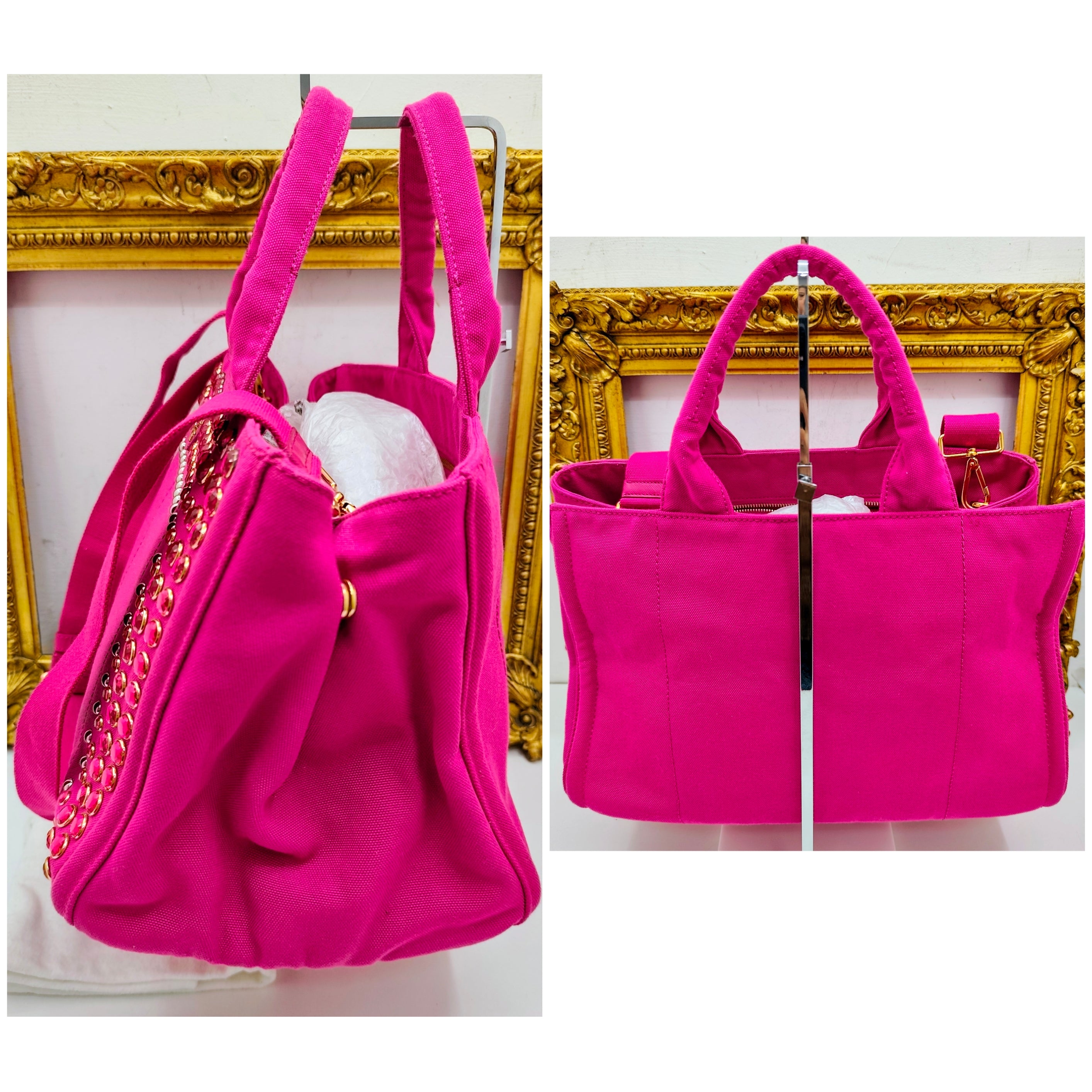 Prada – Tote Bag Shopping Canapa Tela Denim Rosa con Zirconi