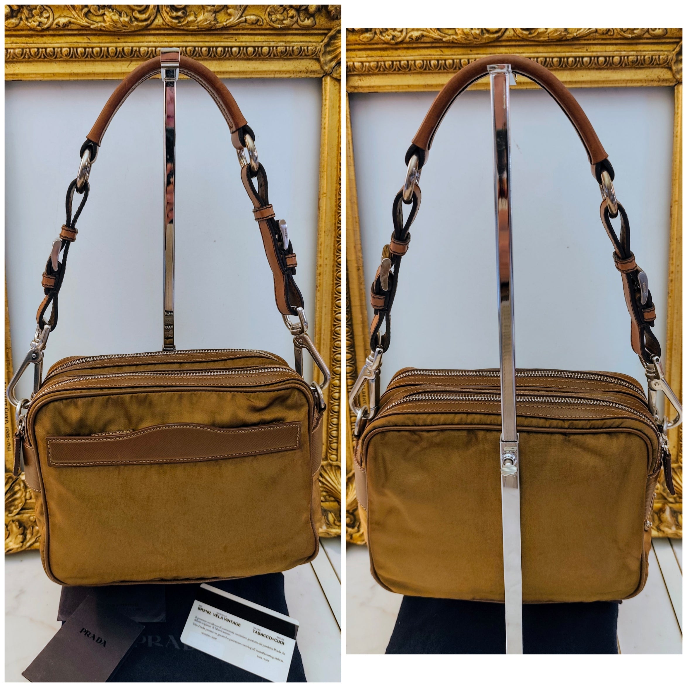 Prada - Borsetta a Spalla o Pochette in tessuto e pelle Cognac