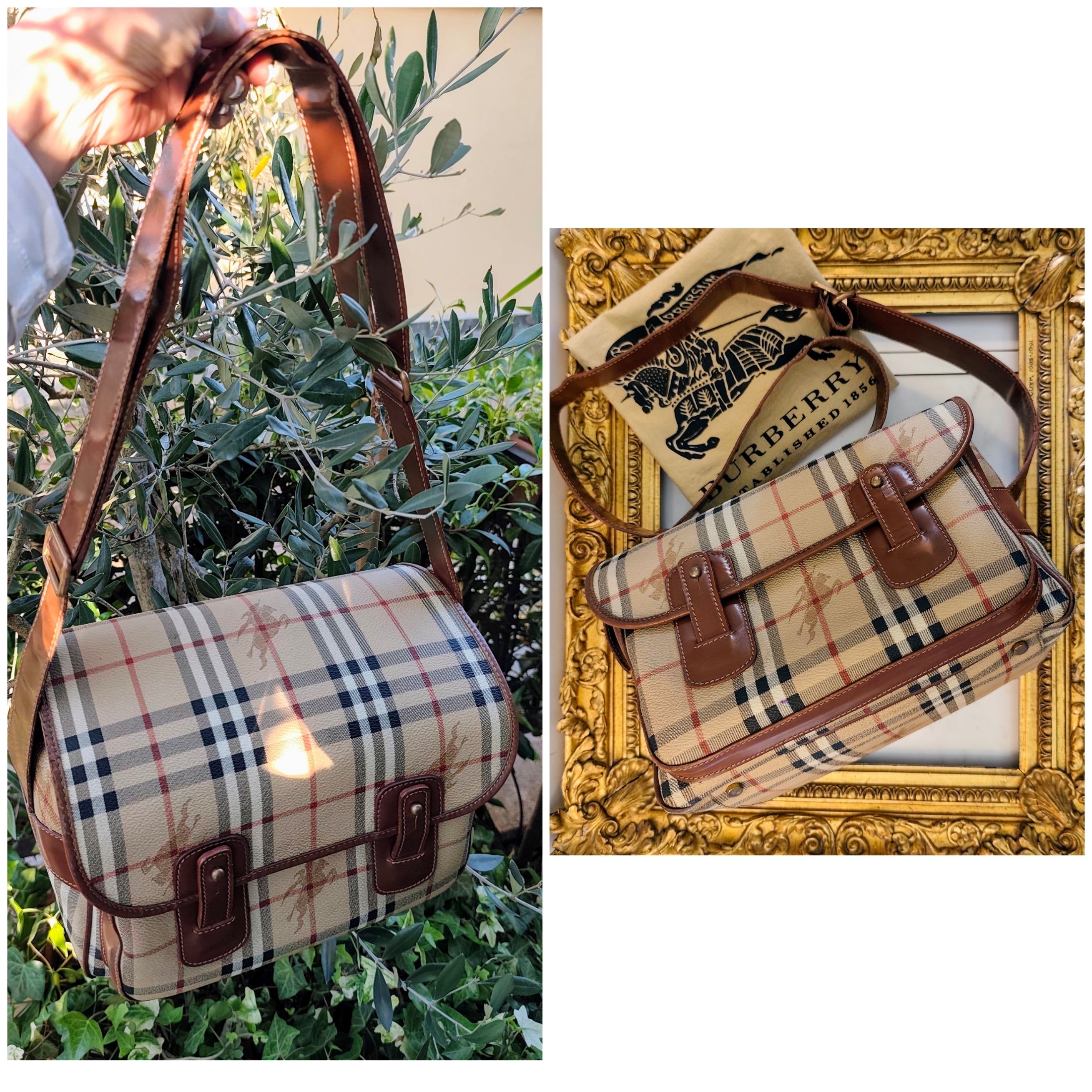 Burberry – Borsa Postina Messenger in Tela Check Beige e Pelle Marrone Vintage