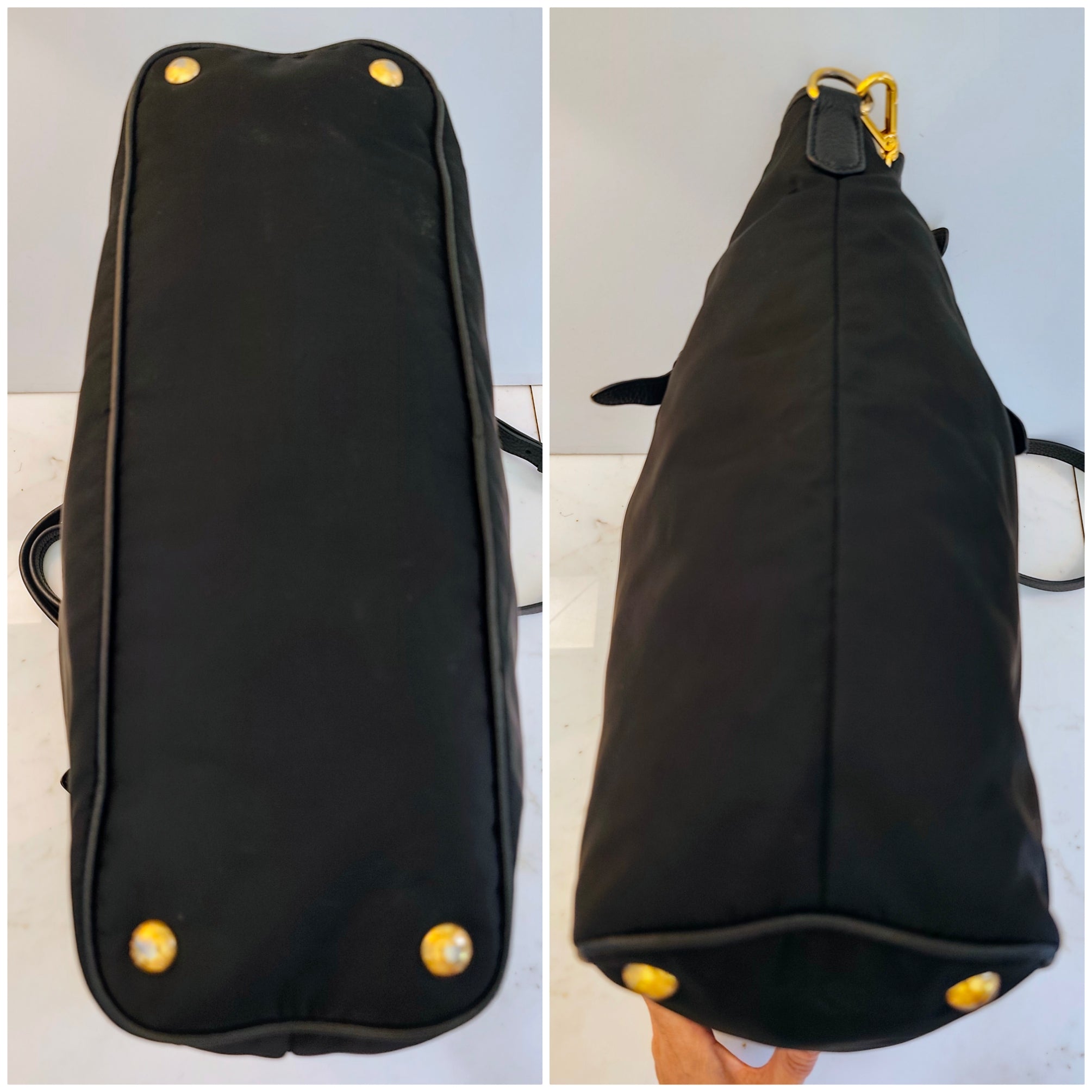 Prada - Shopper Tote Bag in Nylon e Pelle Nera con Tracolla