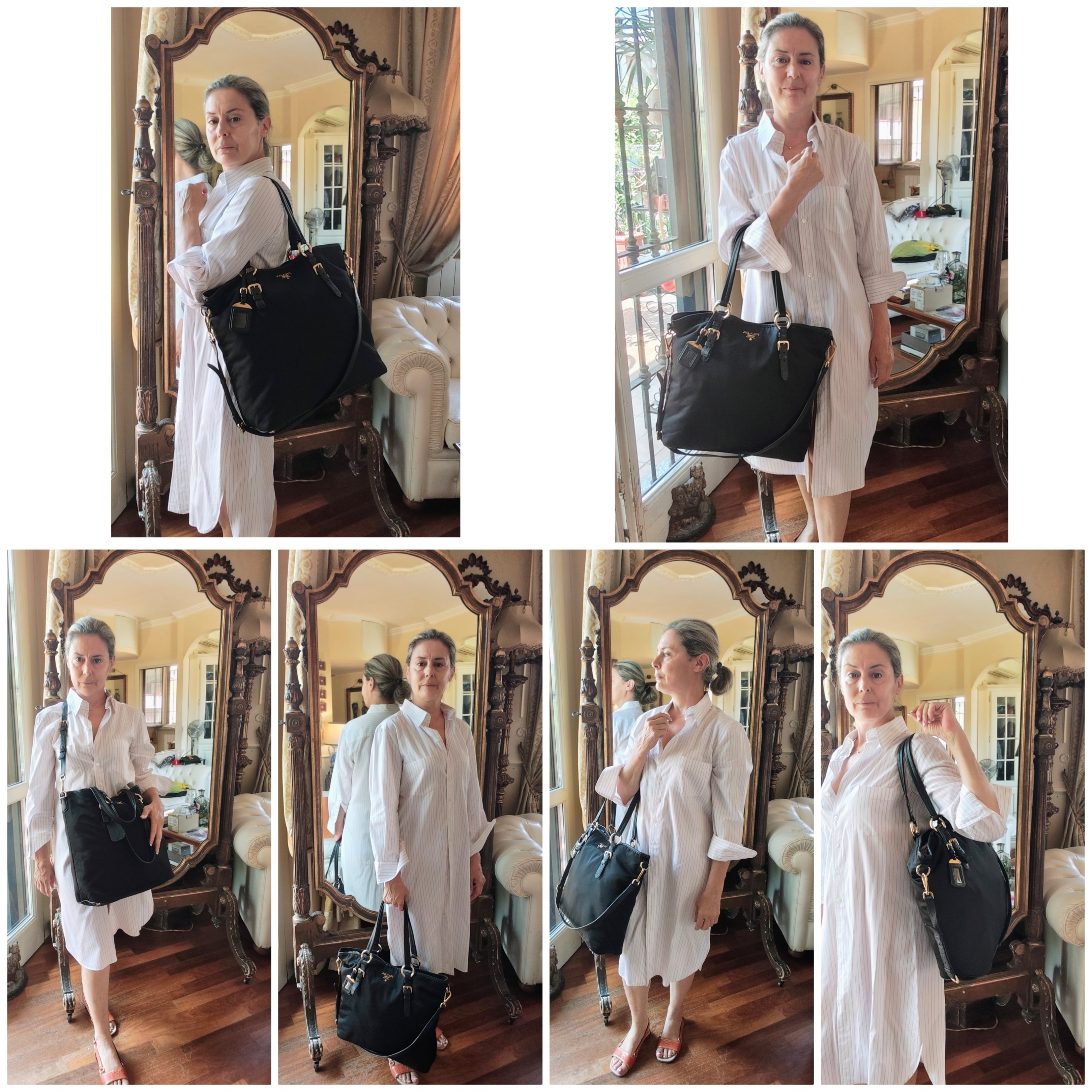 Prada - Shopper Tote Bag in Nylon e Pelle Nera con Tracolla