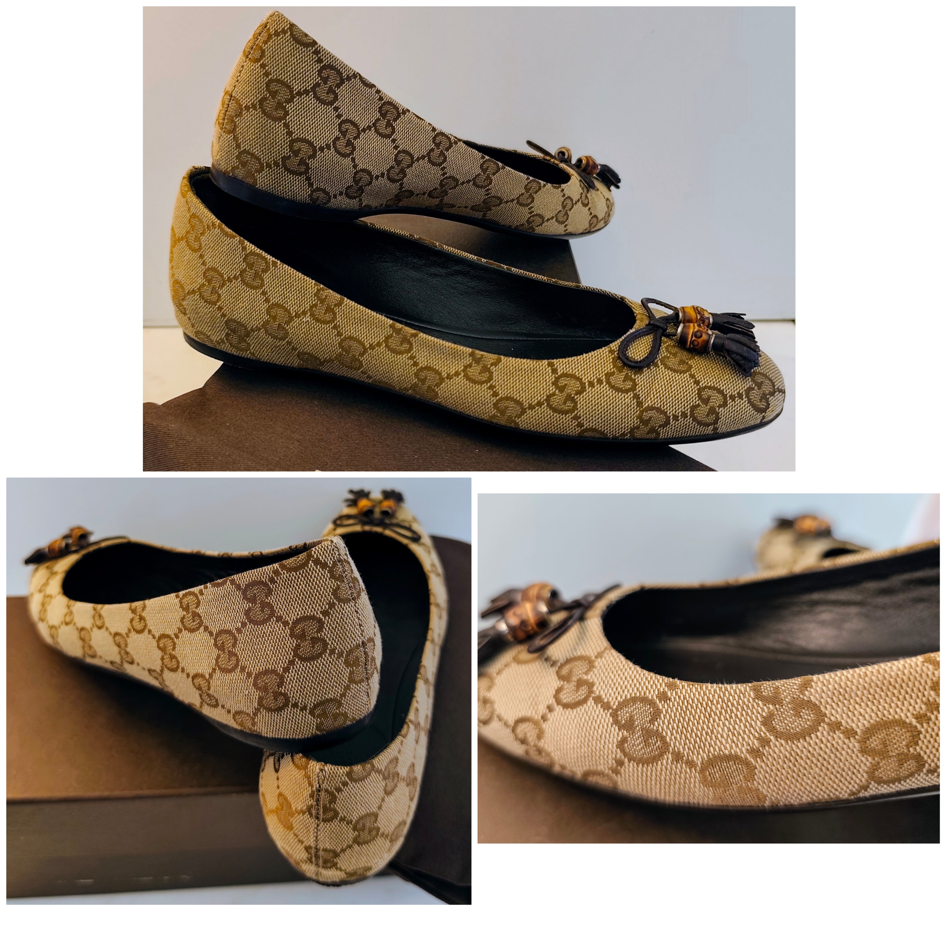Gucci – Ballerine Tessuto “GG” Beige con Fiocchi e Charm Bamboo Pari al Nuovo Full Set