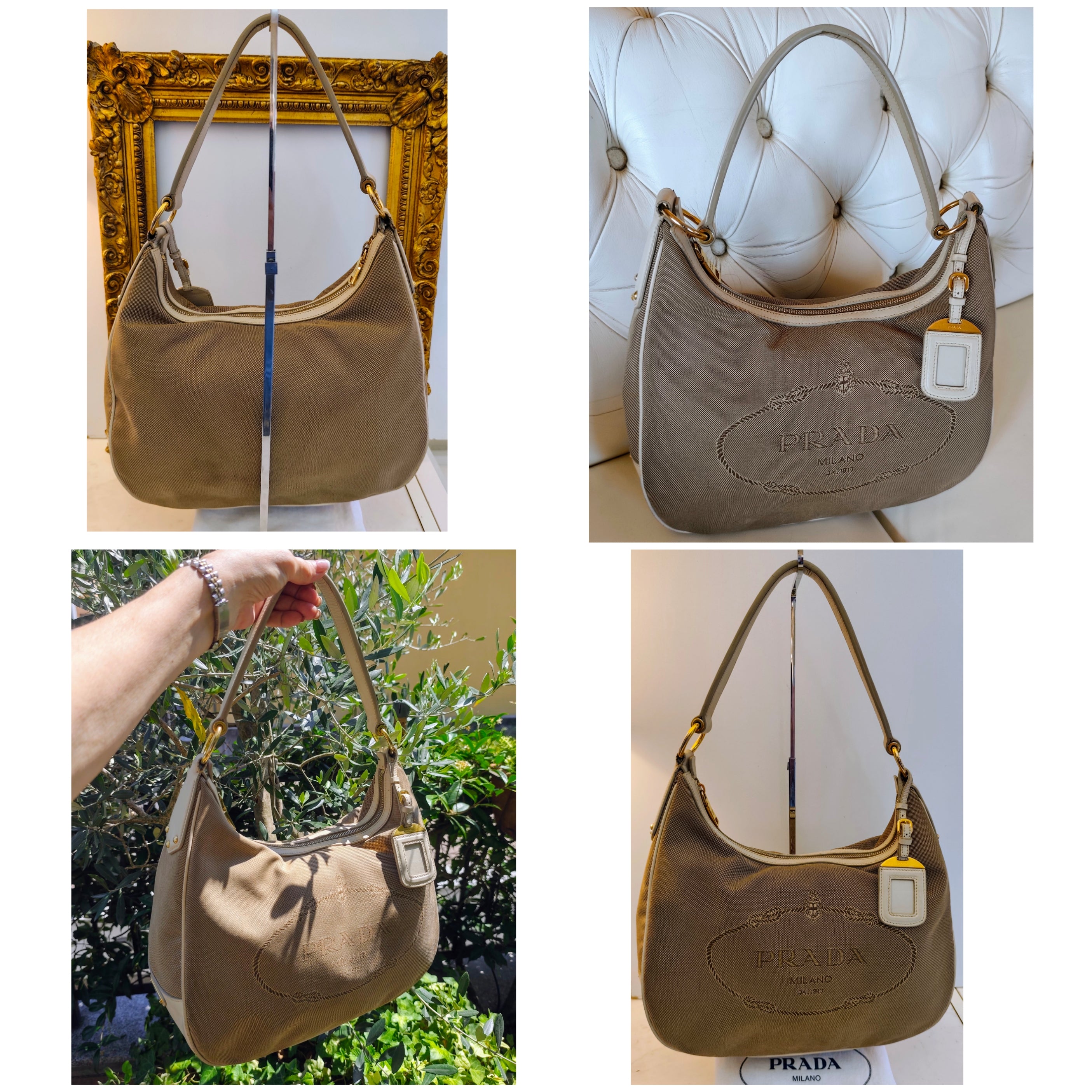 Prada – Hobo Bag Logo Jacquard in Tessuto Beige e Pelle Avorio