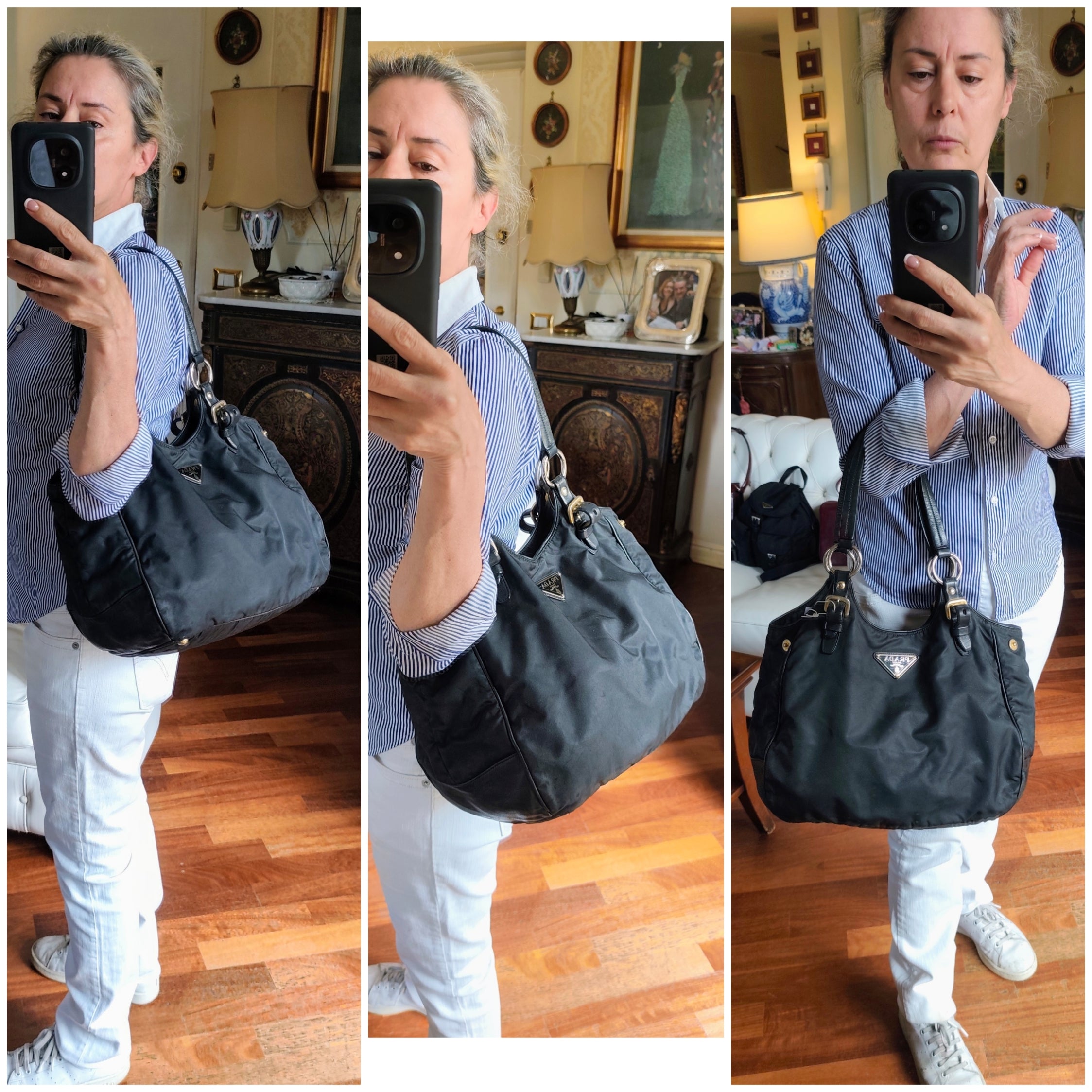 Prada - Borsa Hobo Shopper Re-Nylon Nero e Pelle Espandibile