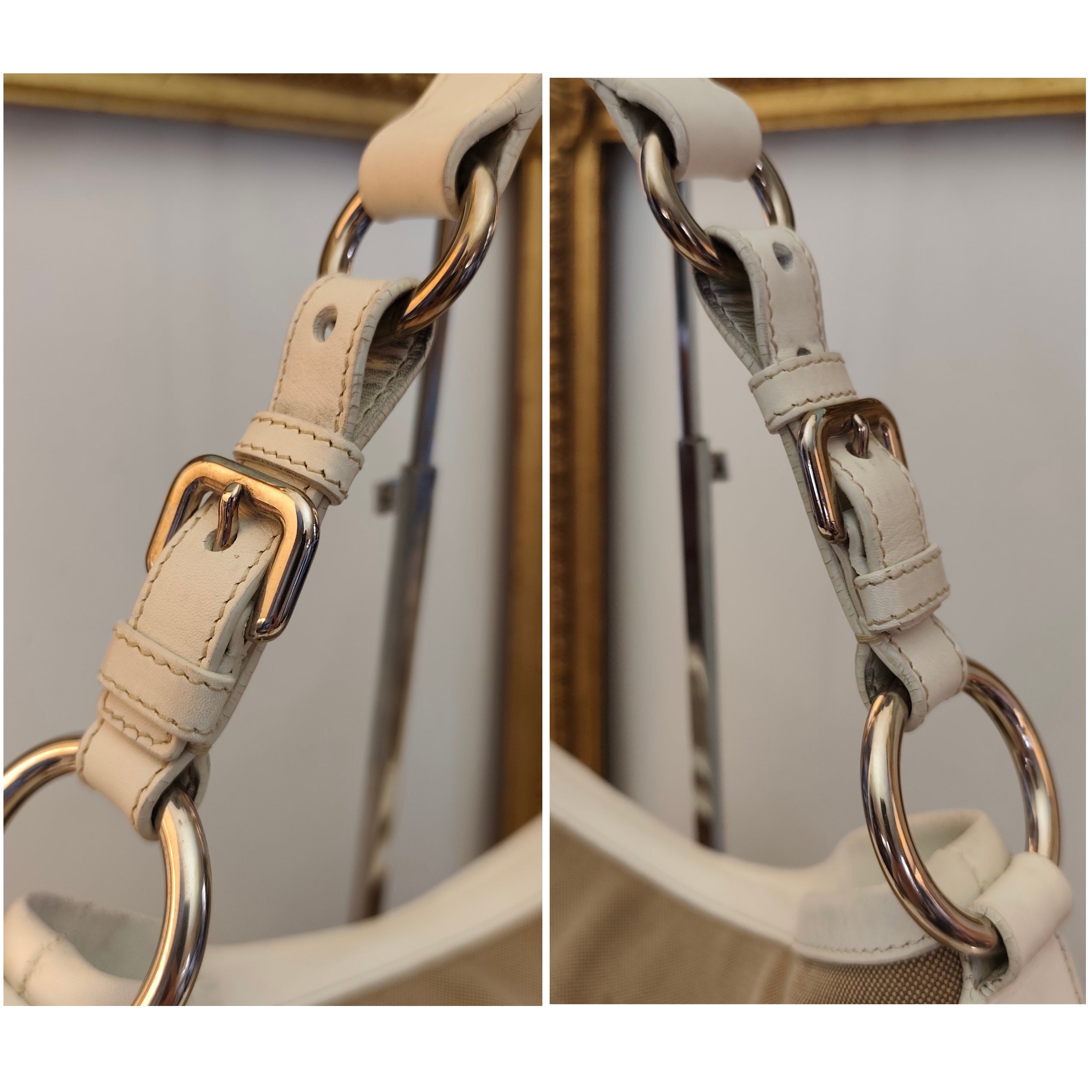 Prada – Hobo Shopper Logo Jacquard Beige e Pelle Bianca