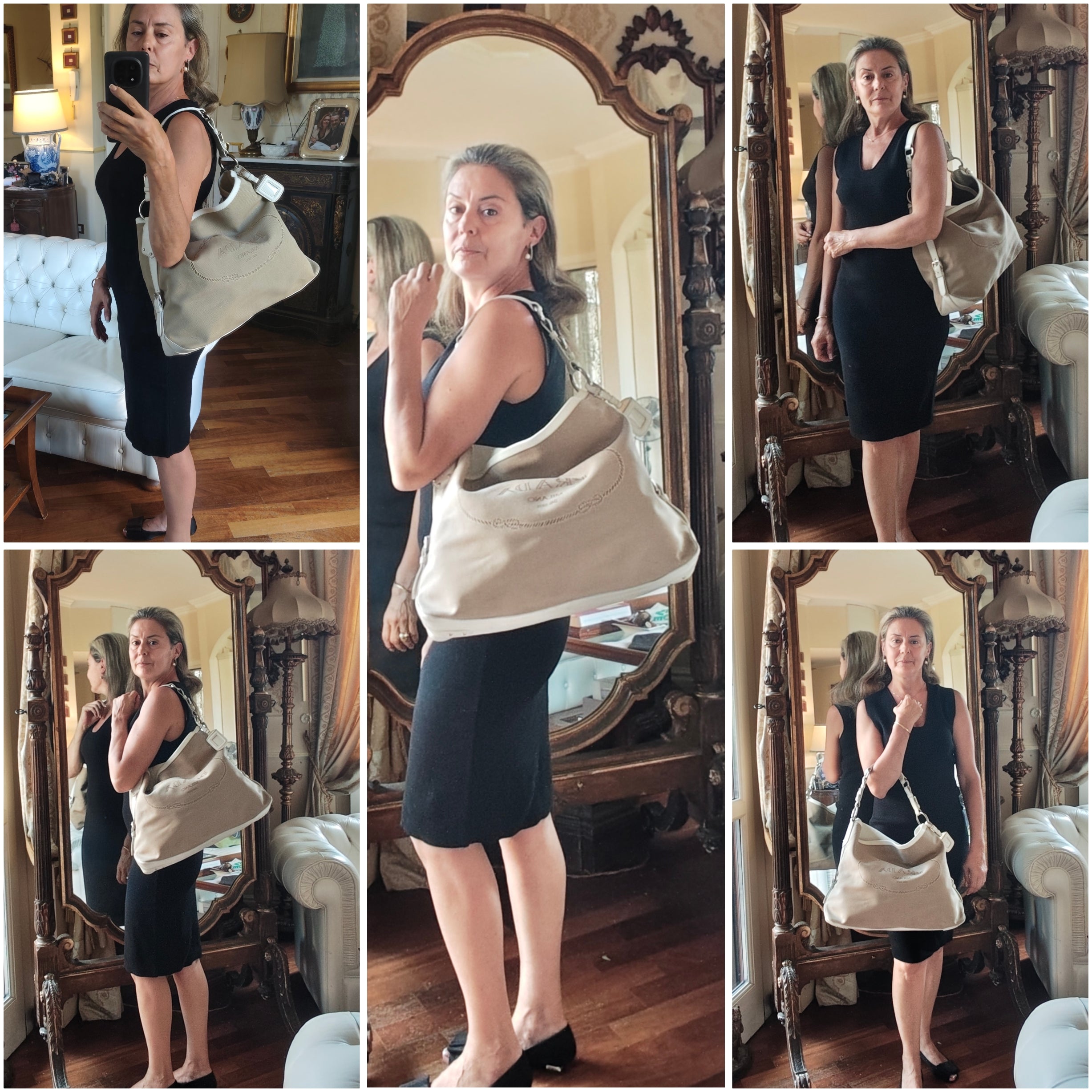 Prada – Hobo Shopper Logo Jacquard Beige e Pelle Bianca