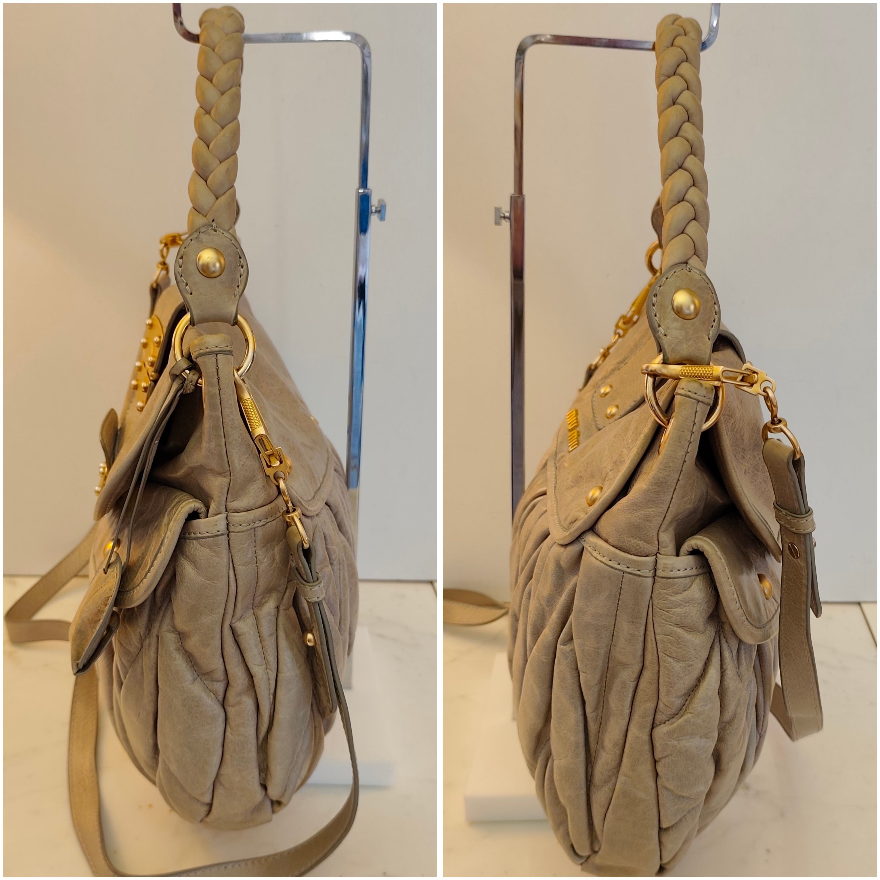 MIU MIU - Coffer Bag Borsa a Spalla in Pelle Matelassé Grigio-Beige con Tracolla Vintage