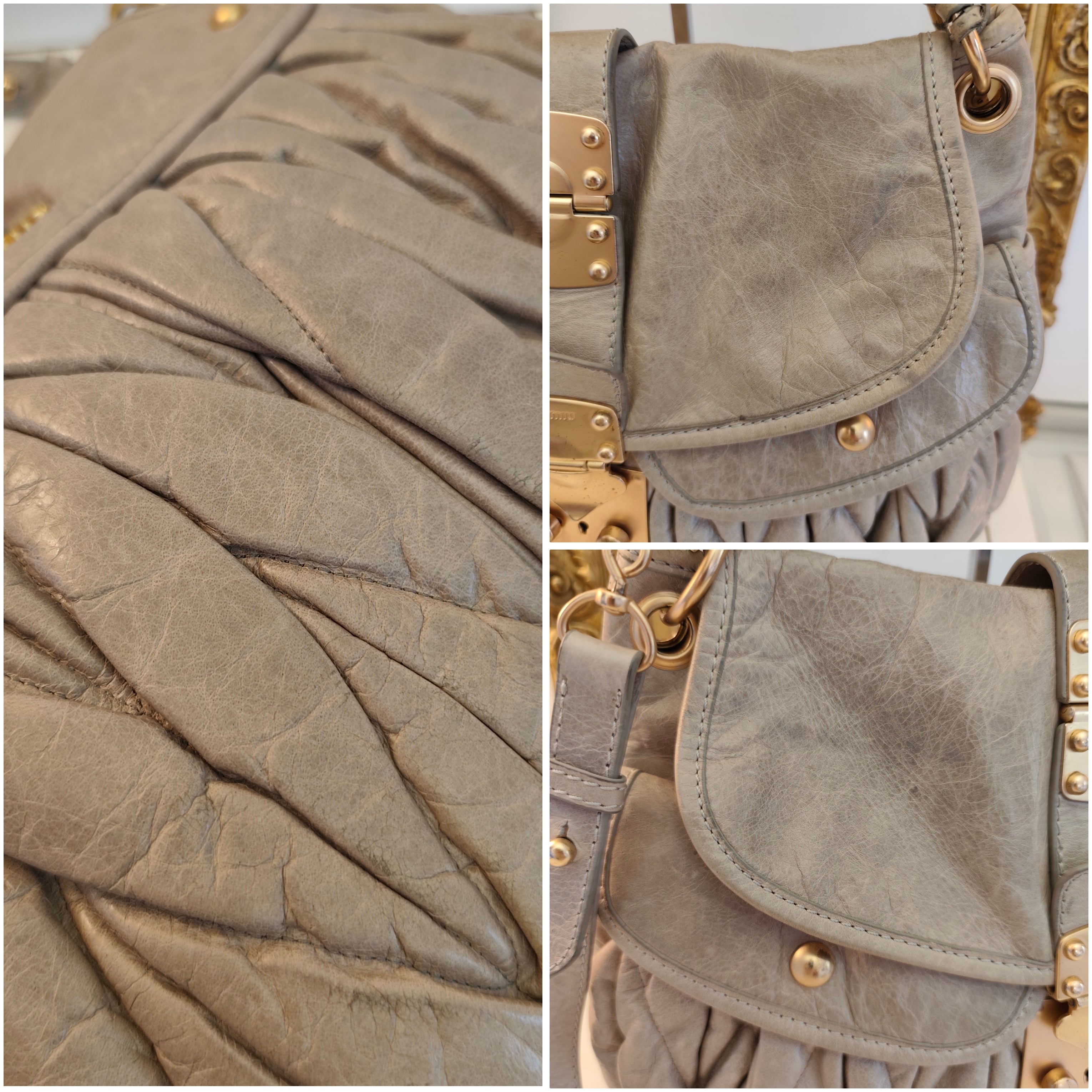 MIU MIU - Coffer Bag Borsa a Spalla in Pelle Matelassé Grigio-Beige con Tracolla Vintage