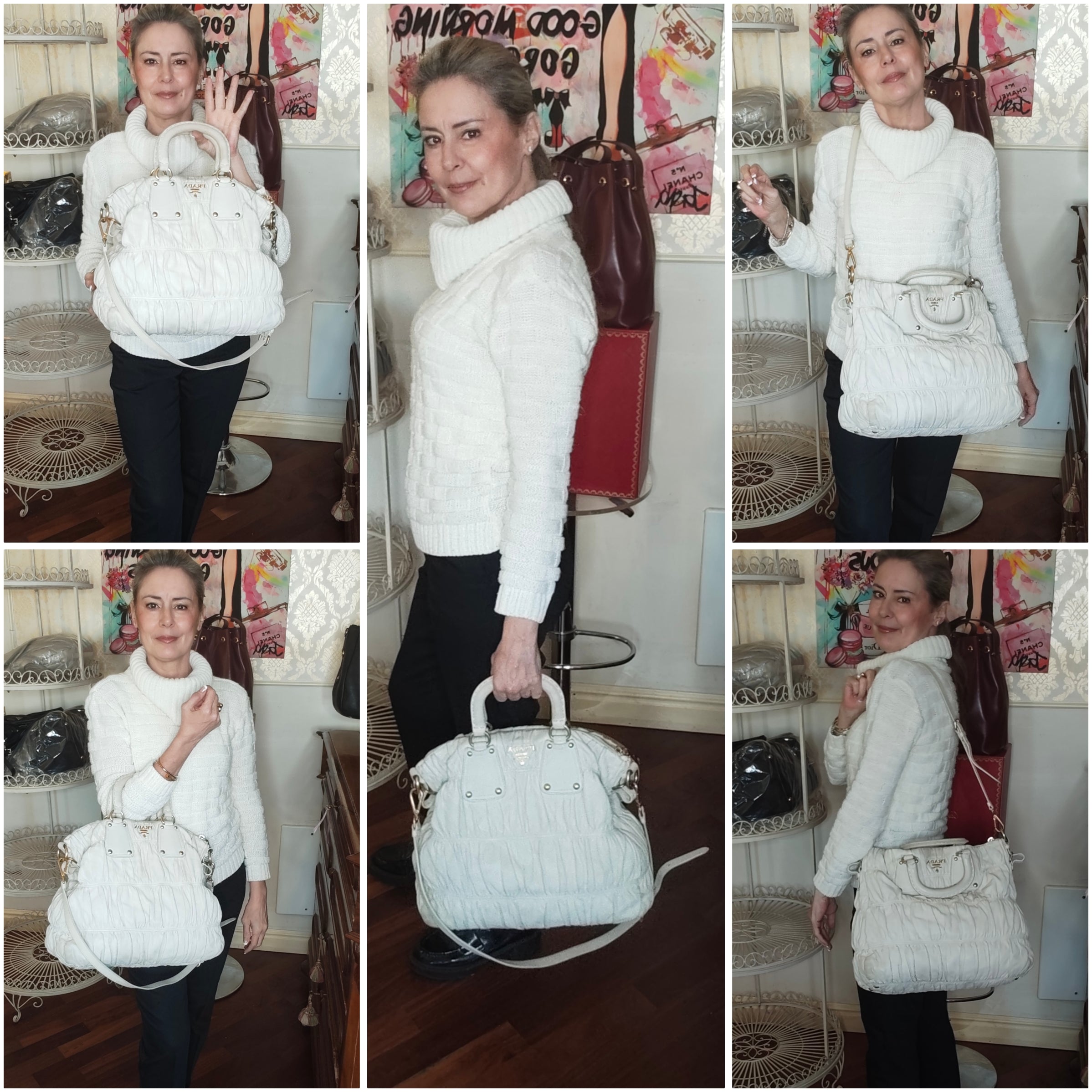 Prada - Shopper Goffrata con Tracolla in Pelle Avorio/Burro