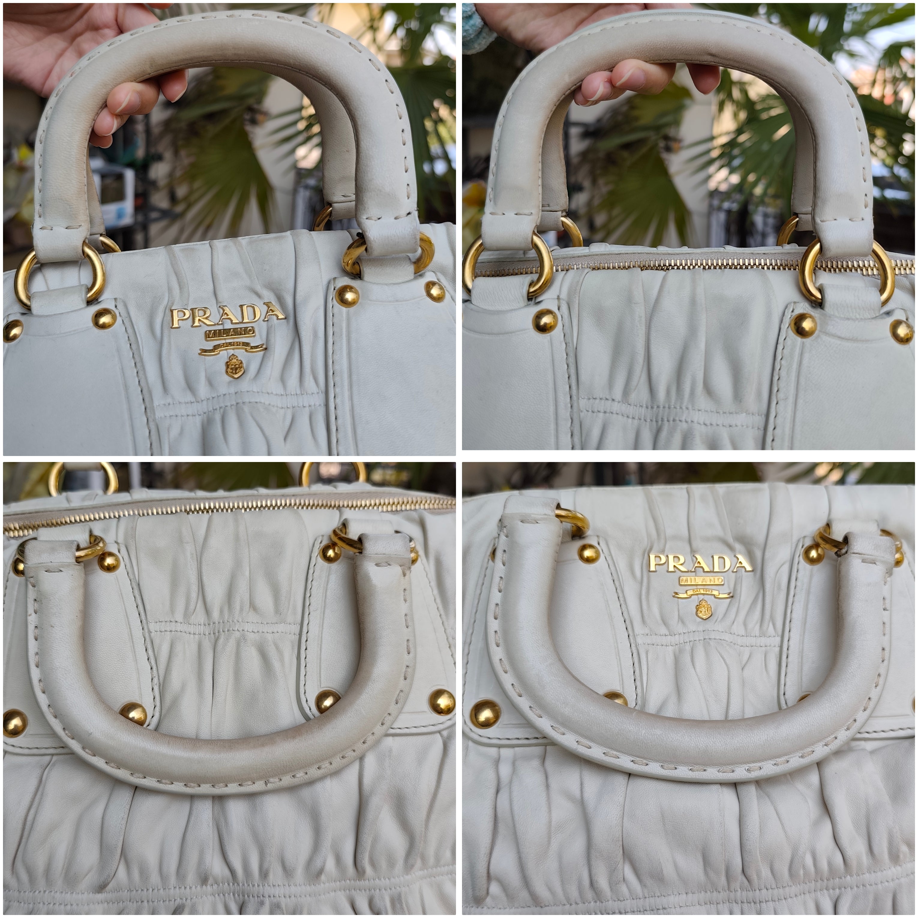 Prada - Shopper Goffrata con Tracolla in Pelle Avorio/Burro