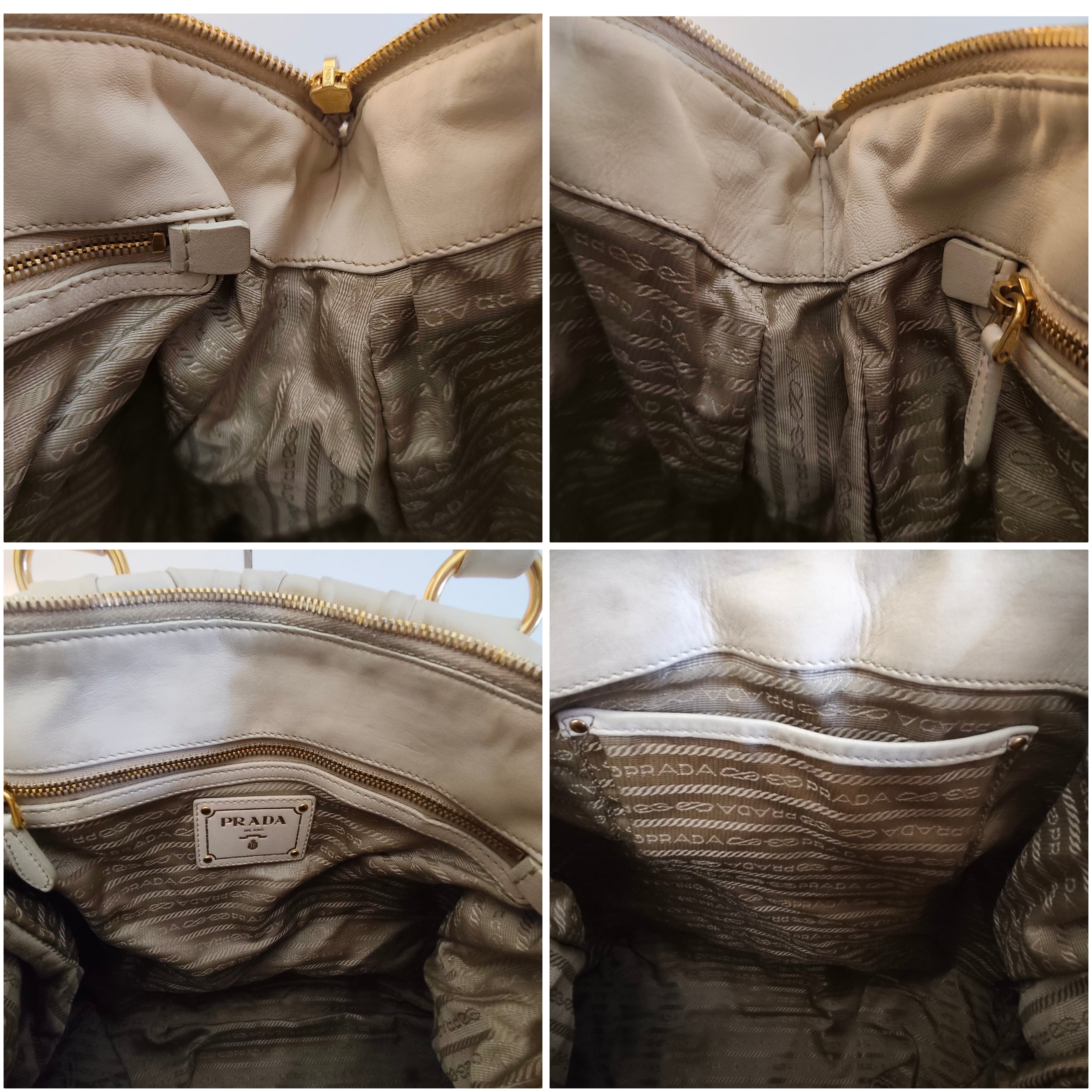 Prada - Shopper Goffrata con Tracolla in Pelle Avorio/Burro