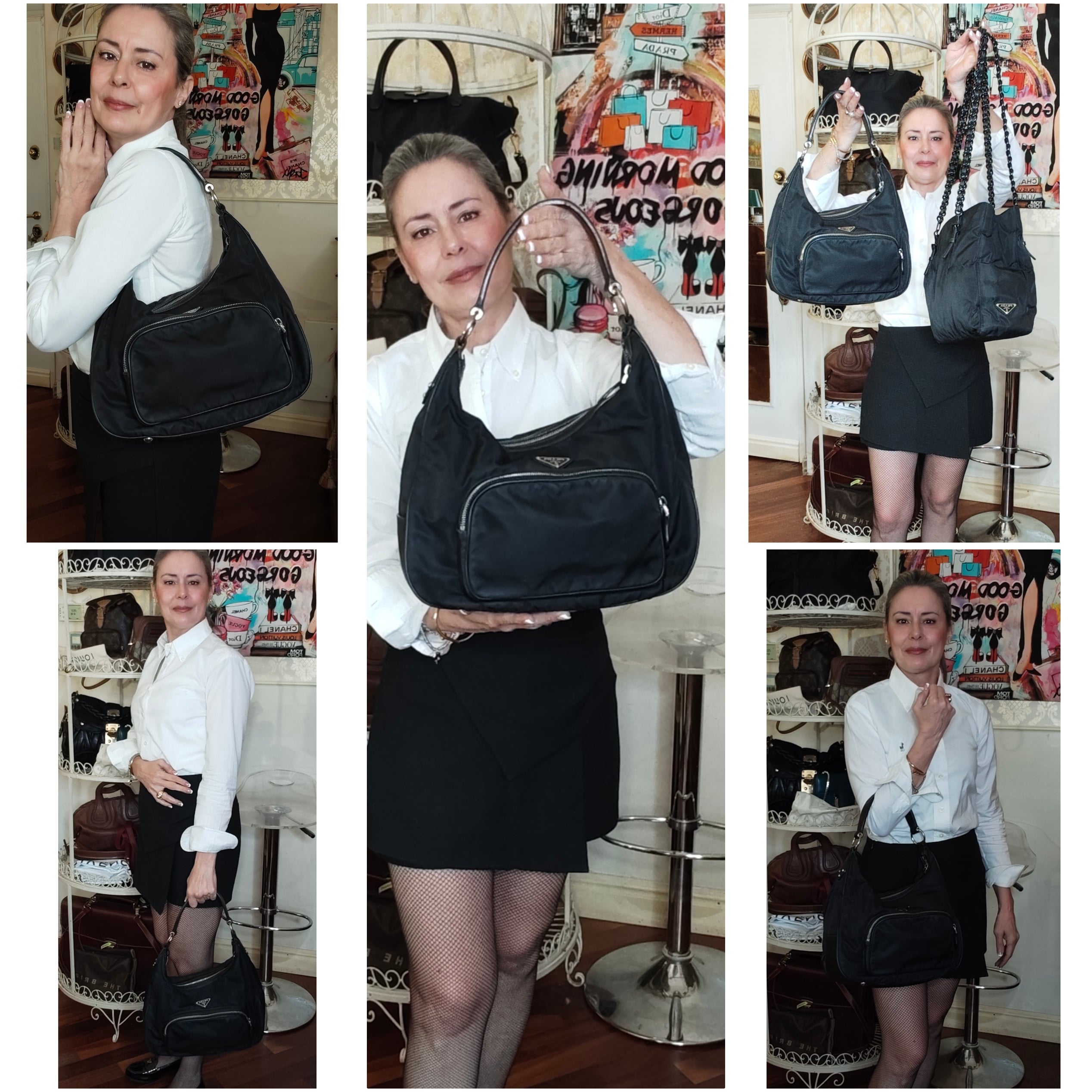 PRADA - Borsa a Spalla Hobo in Nylon e Pelle Nera