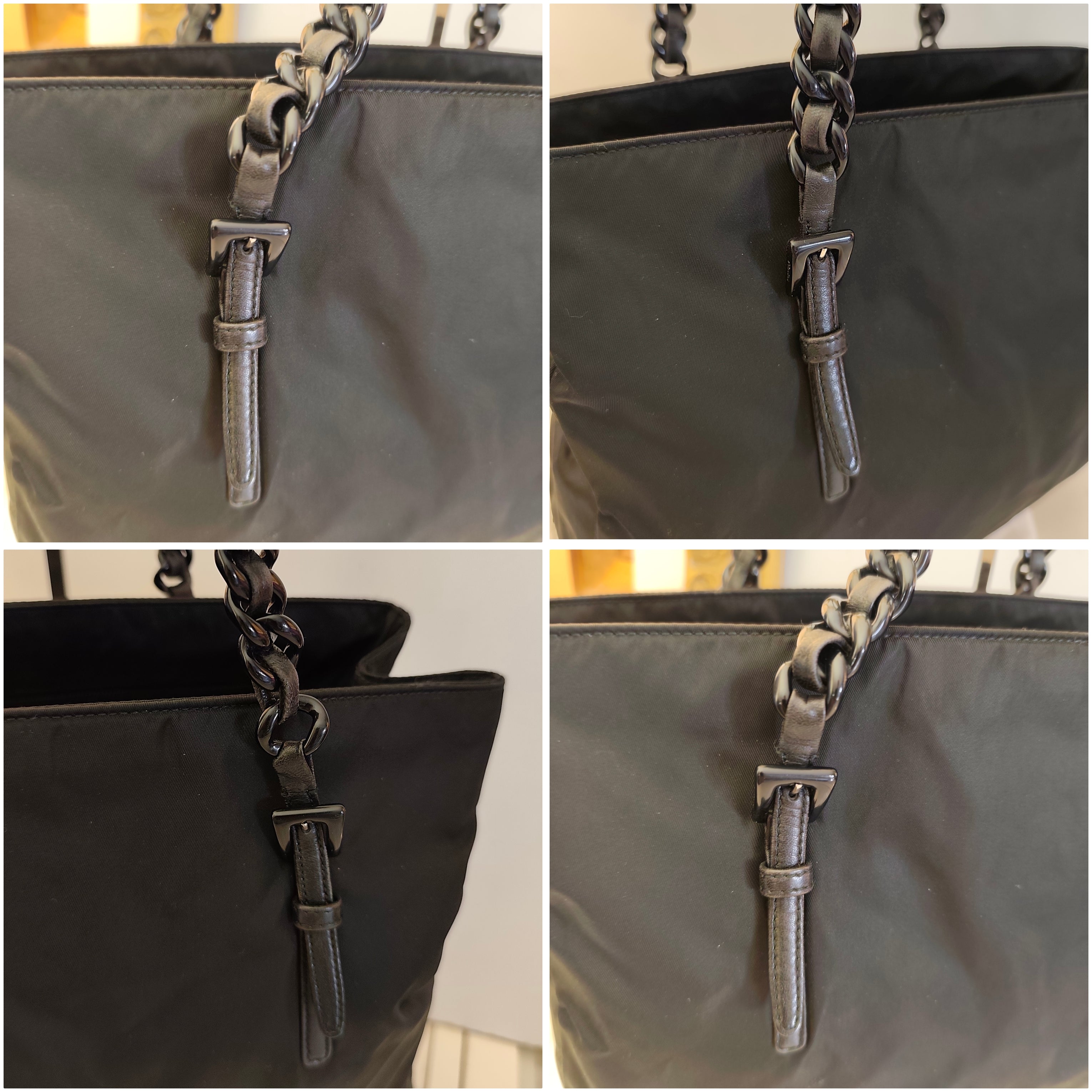 Prada - Tote a Spalla in Nylon Nero con Catene in Resina Vintage
