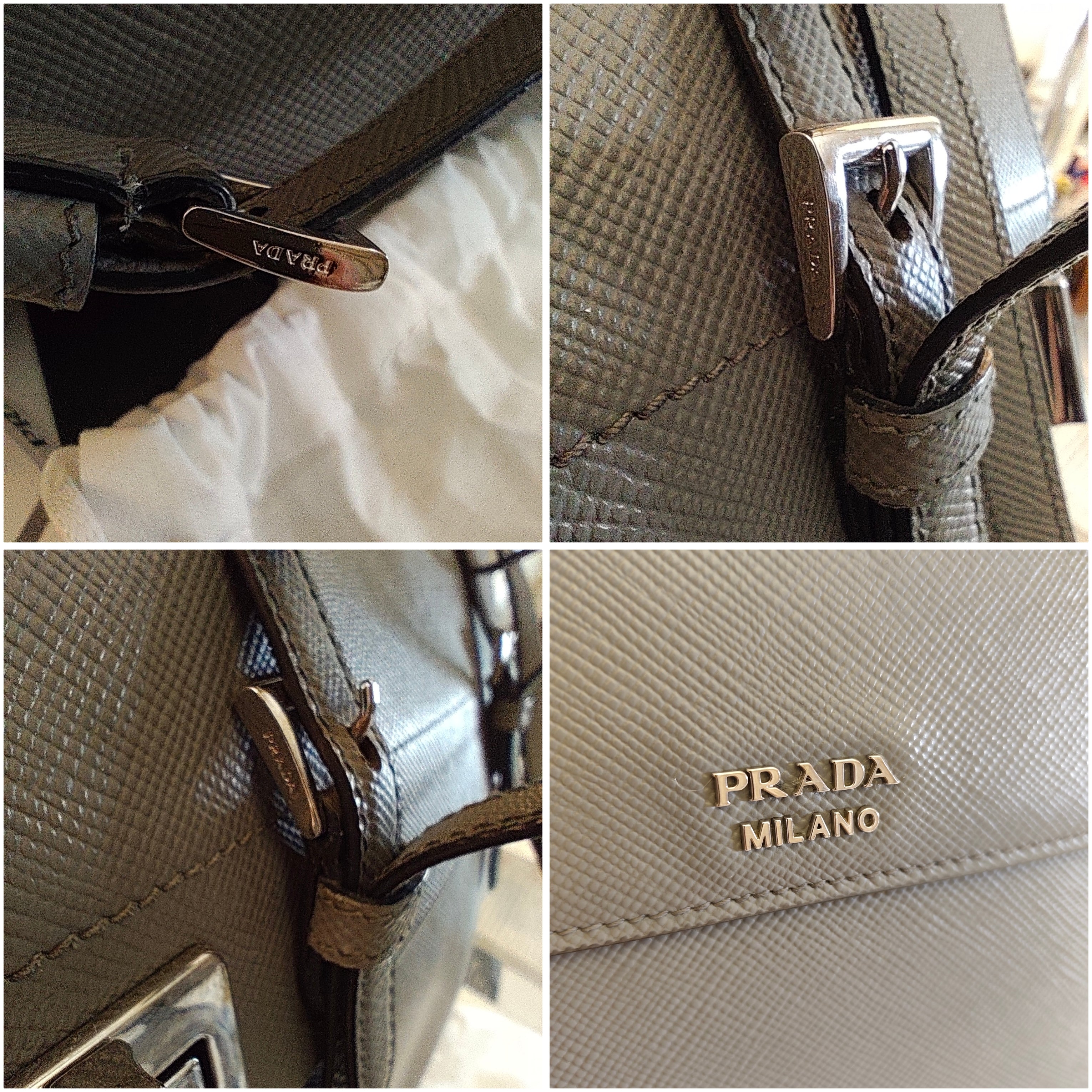 Prada - Borsa Cartella "Double Satchel" Donna in Pelle Saffiano Grigio - Full Set