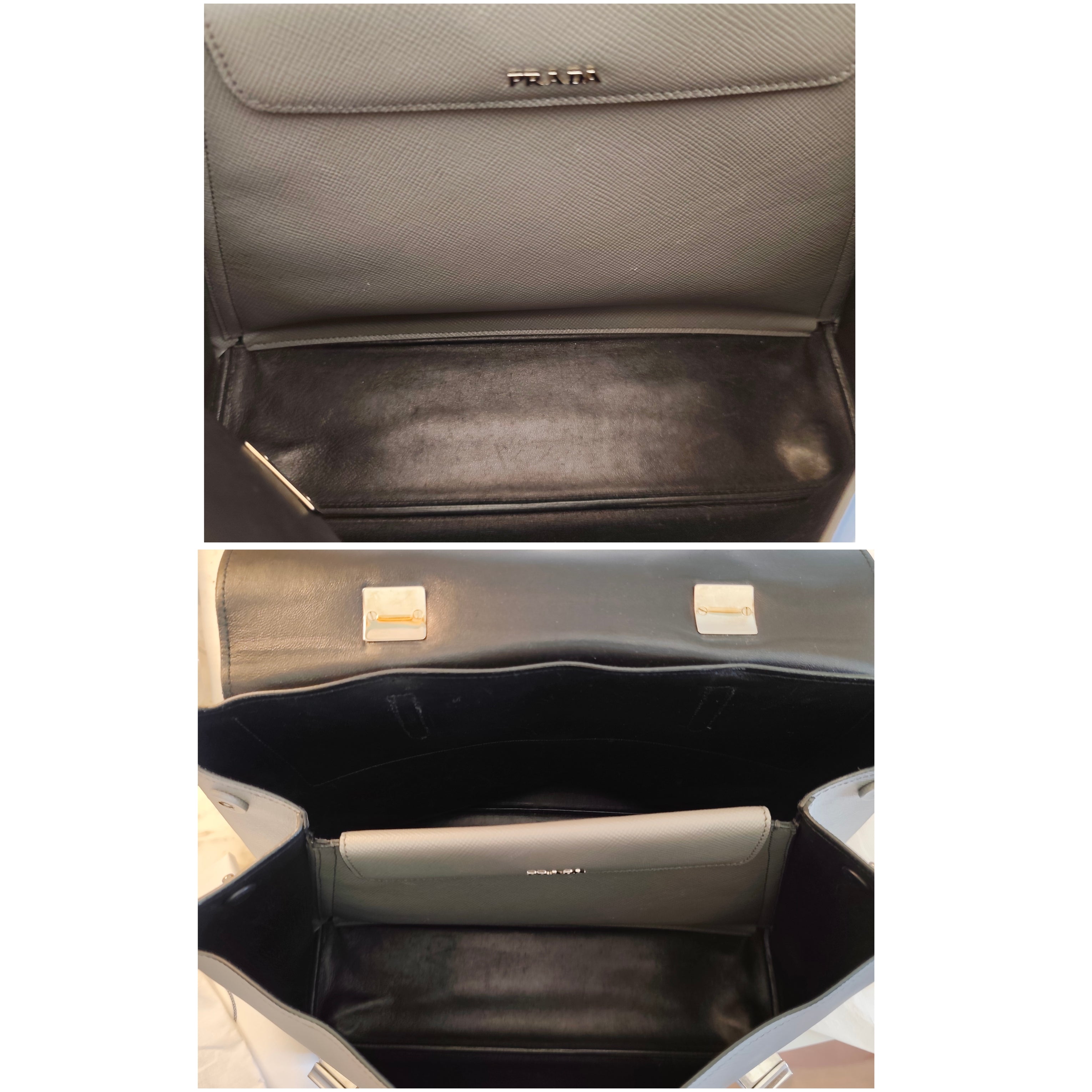 Prada - Borsa Cartella "Double Satchel" Donna in Pelle Saffiano Grigio - Full Set