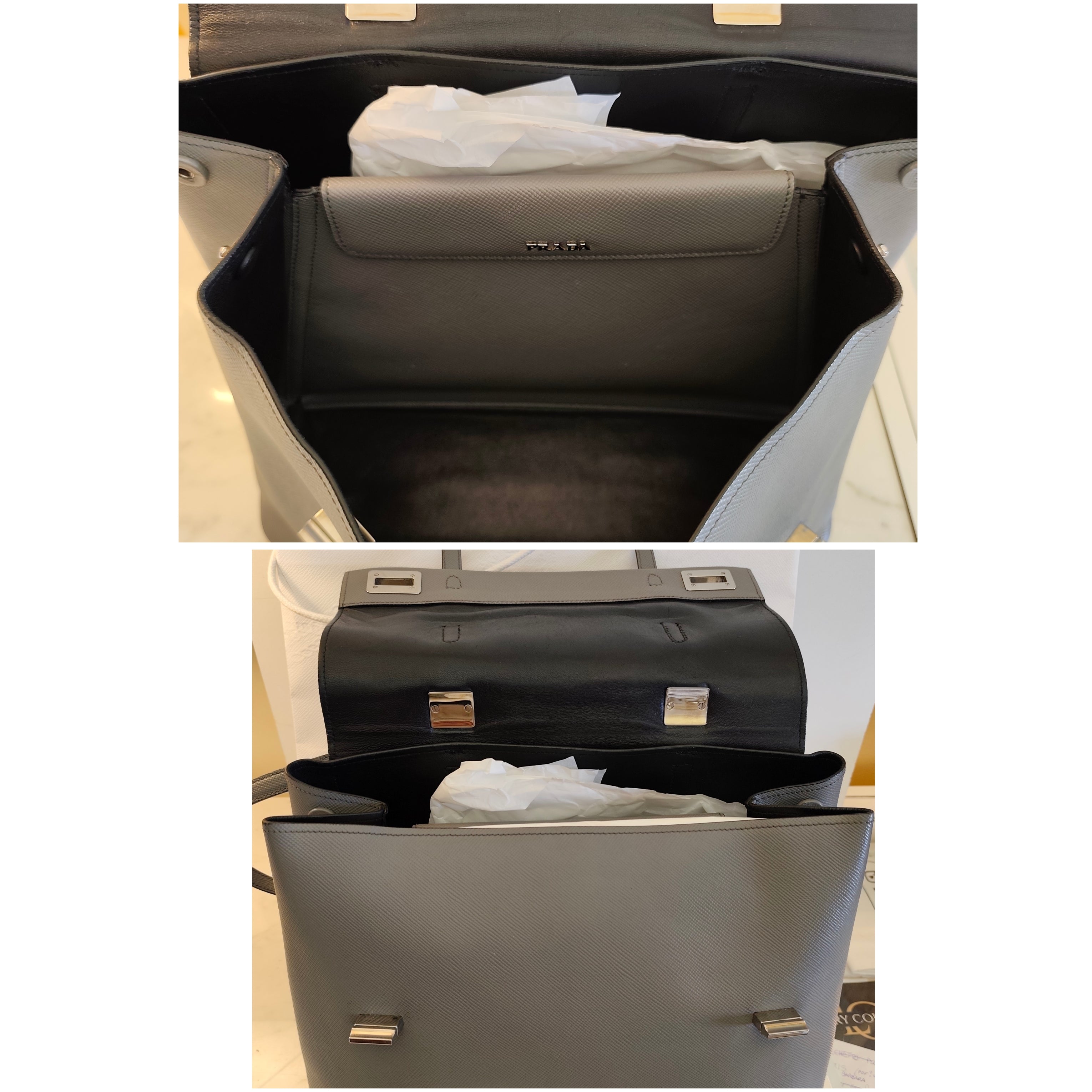 Prada - Borsa Cartella "Double Satchel" Donna in Pelle Saffiano Grigio - Full Set