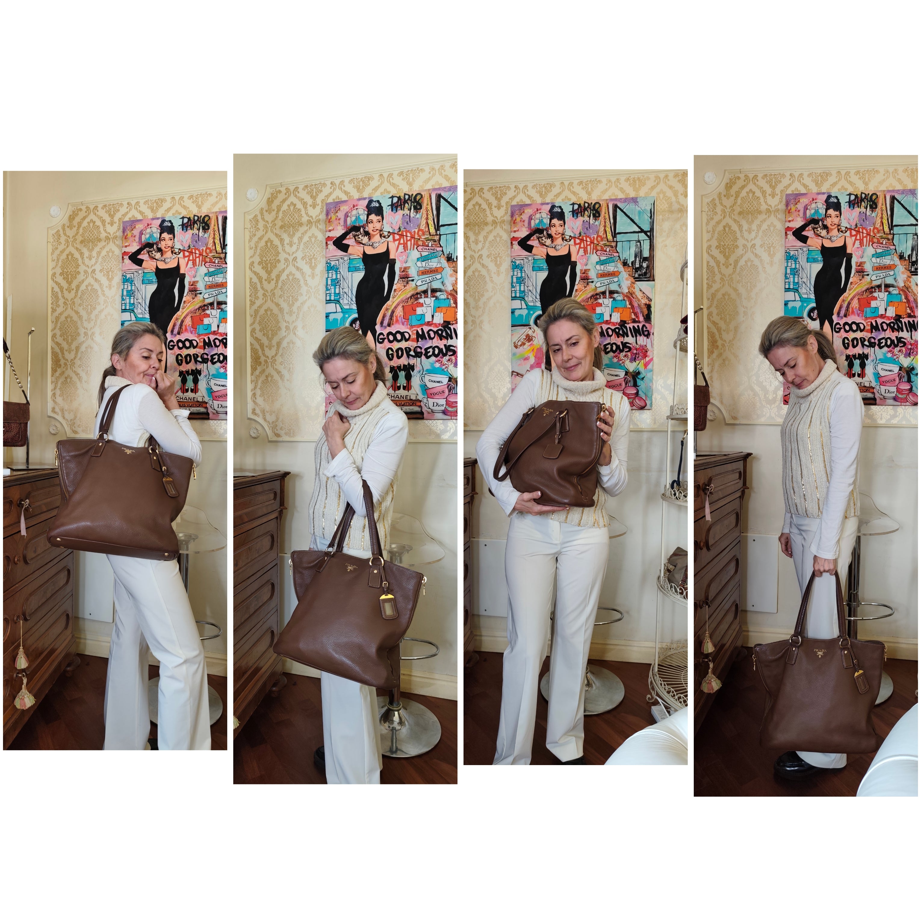 Prada - Shopper Espandibile in Pelle Martellata Cioccolato al Latte Pari al Nuovo