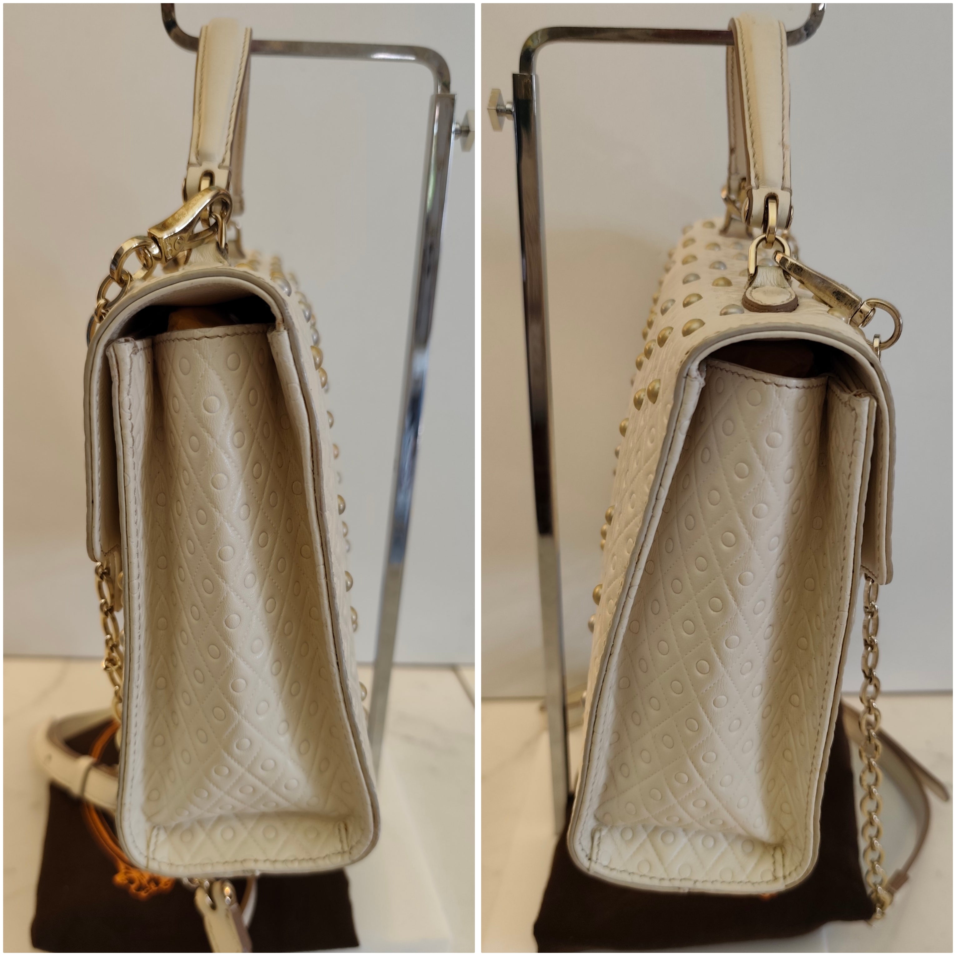 TOD’S - Camera Bag a Mano con Tracolla in Pelle Avorio con Borchie