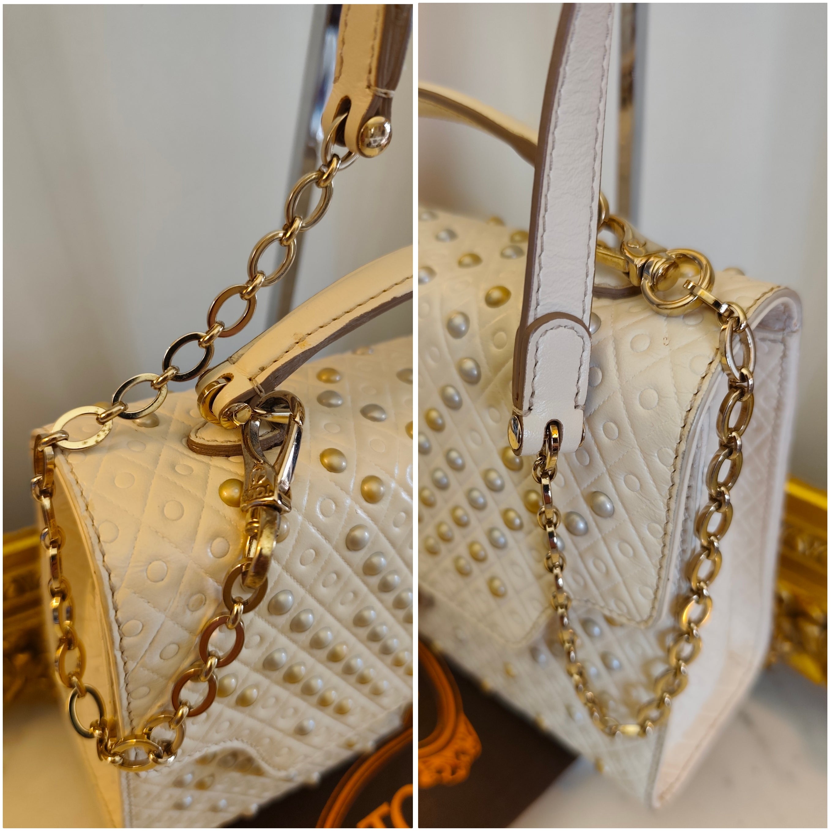 TOD’S - Camera Bag a Mano con Tracolla in Pelle Avorio con Borchie